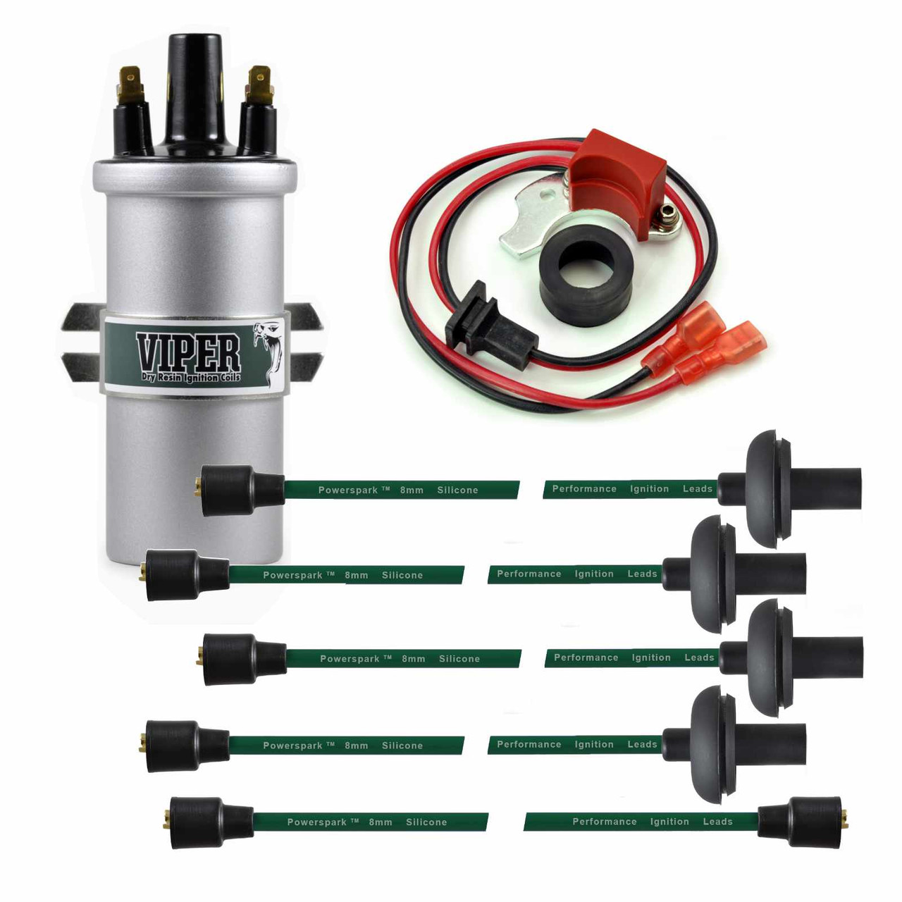 Air Cooled Volkswagen Electronic Ignition Bundle Viper Coil, Ignition Conversion Kit, Green HT Leads