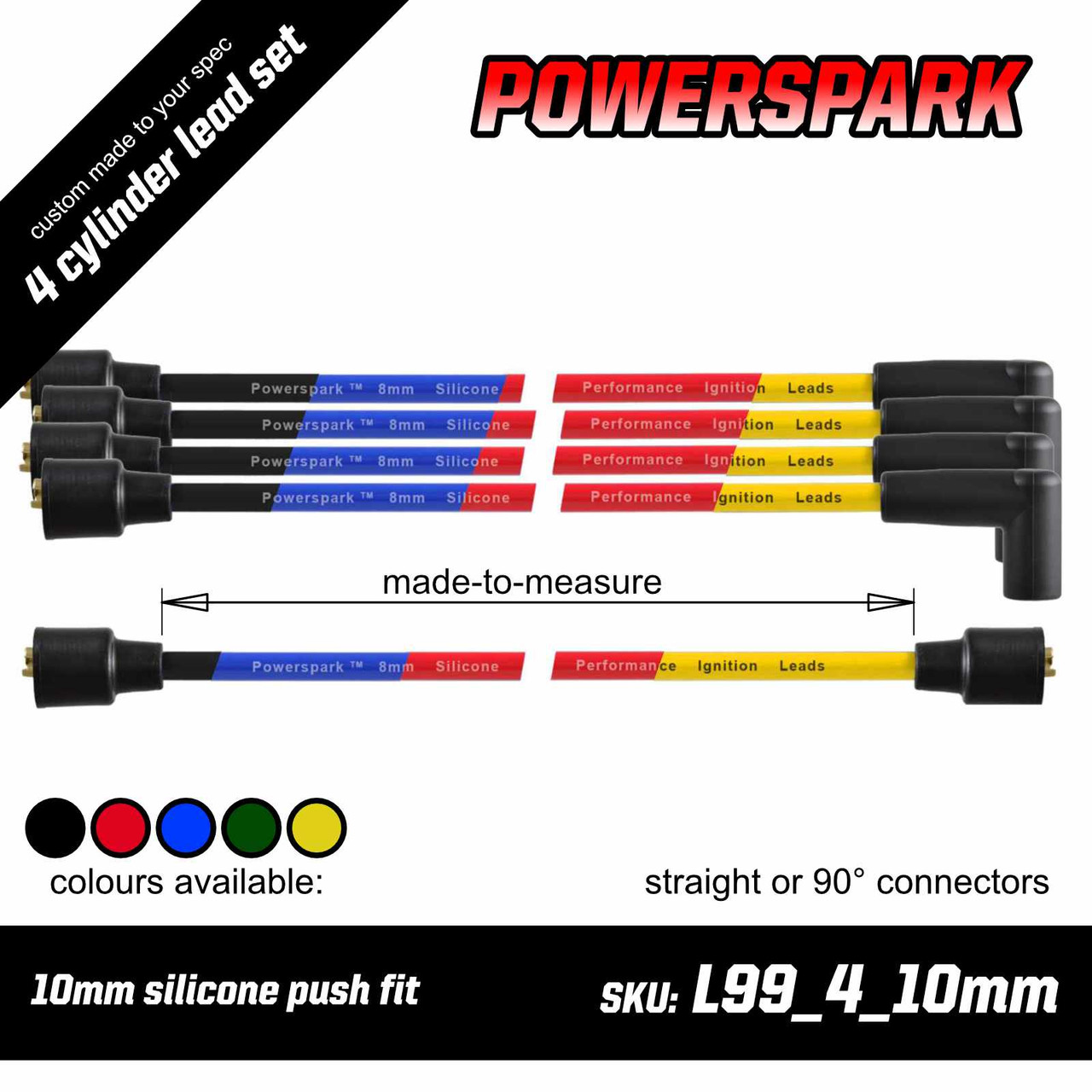 Powerspark Custom 4 cylinder HT Lead Lead Set - 10mm with Push on terminals