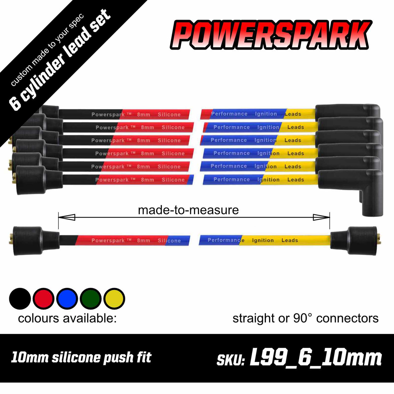 Powerspark Custom 6 cylinder HT Lead Lead Set - 10mm with Push on terminals