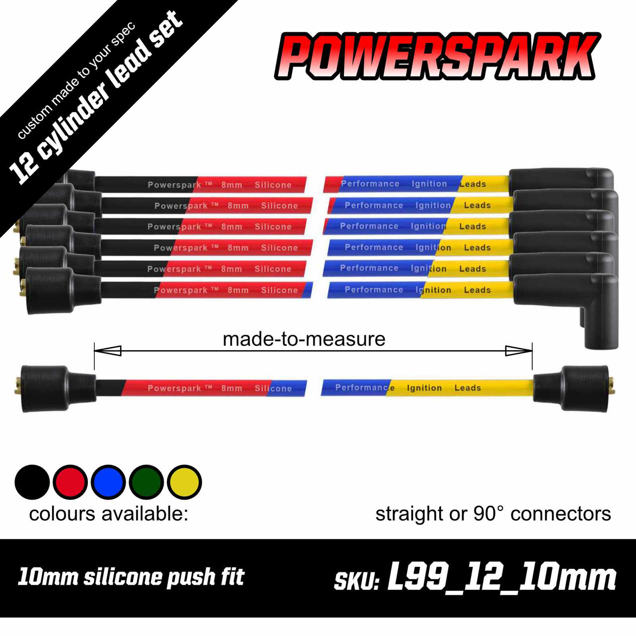 Powerspark Custom 12 cylinder HT Lead Lead Set - 10mm with Push on terminals