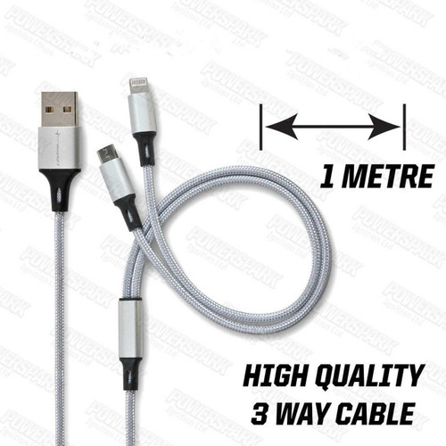 Ampstore 2 Way USB A to USB Micro B and Apple Lightning Silver Cable - 1 Metre