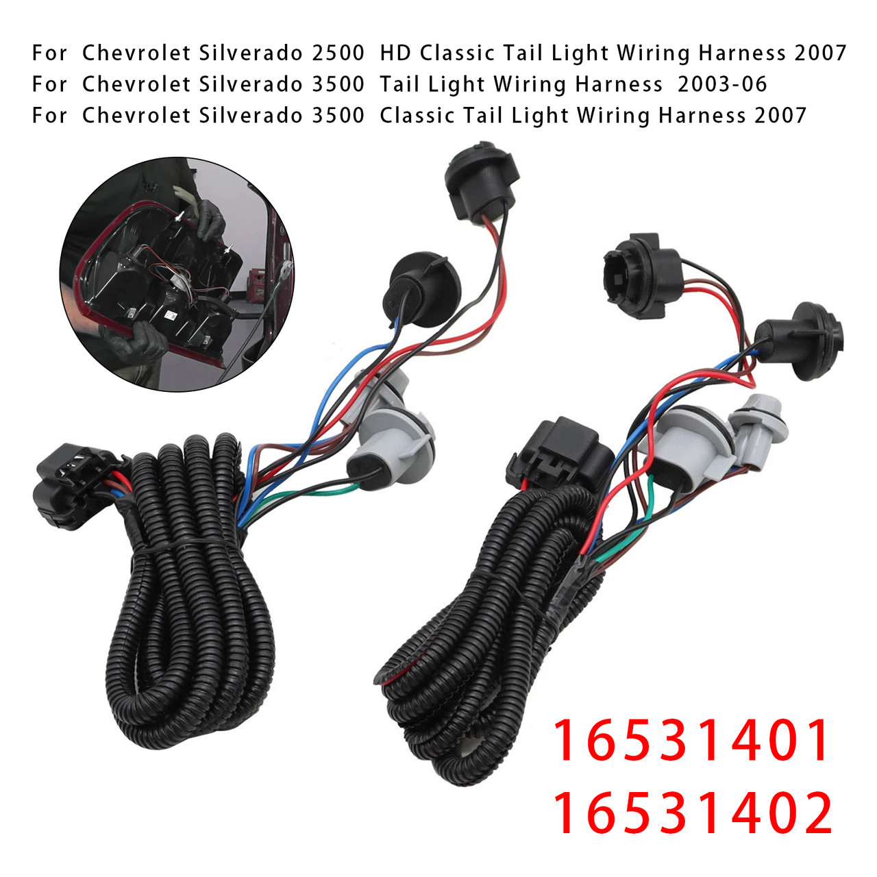 2003-2007 Chevrolet Silverado 1500 2500 3500 2PCS LH+RH Tail Harness Light 16531401 16531402 Generic