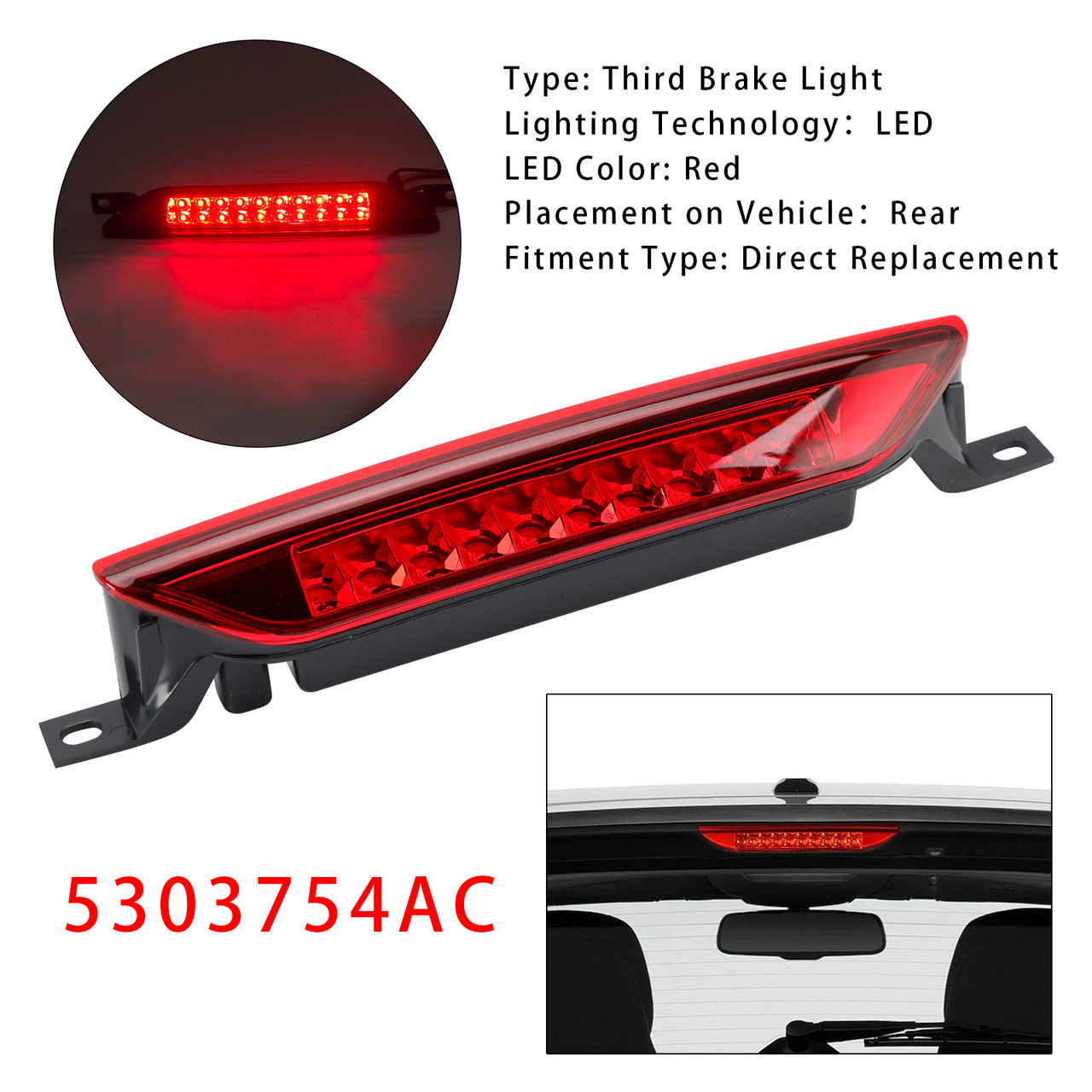 2007-2021 Jeep Compass Grand Cherokee Rear High Mount Third Brake Light Lamp 5303754AC Red Generic