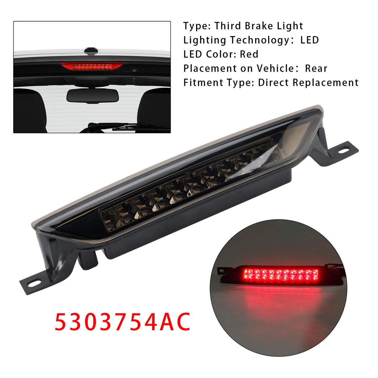 2007-2021 Jeep Compass Grand Cherokee Rear High Mount Third Brake Light Lamp 5303754AC Black Generic