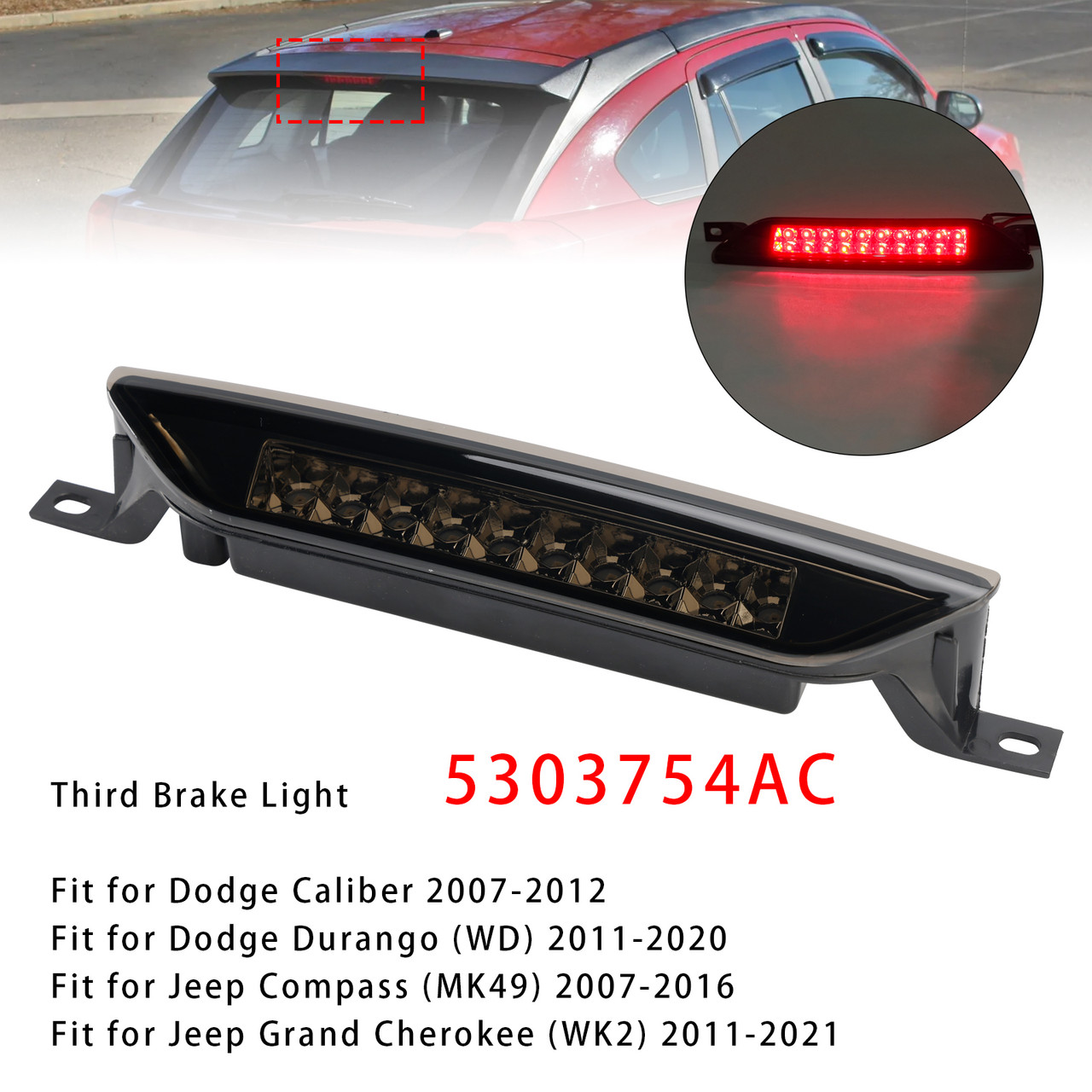 2007-2021 Jeep Compass Grand Cherokee Rear High Mount Third Brake Light Lamp 5303754AC Black Generic