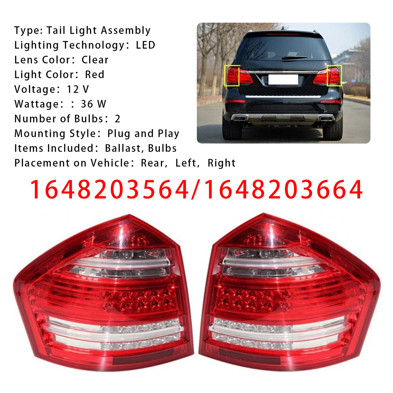 2006-2011 Mercedes Benz X164 GLC300 GL350 GL450 GL550 Left+Right Rear Tail Light Assembly 1648203564 1648203664 Generic