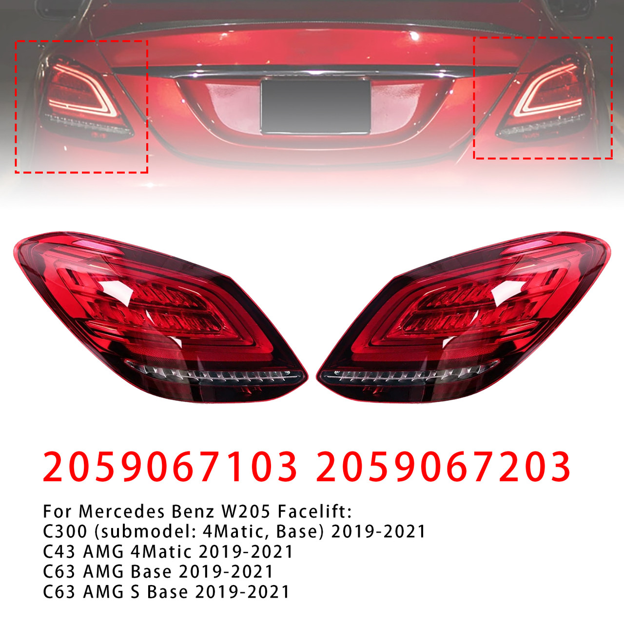 2019-2021 Mercedes Benz W205 C300 Left+Right LED Rear Tail Light Brake Lamp 2059067103 2059067203 Generic