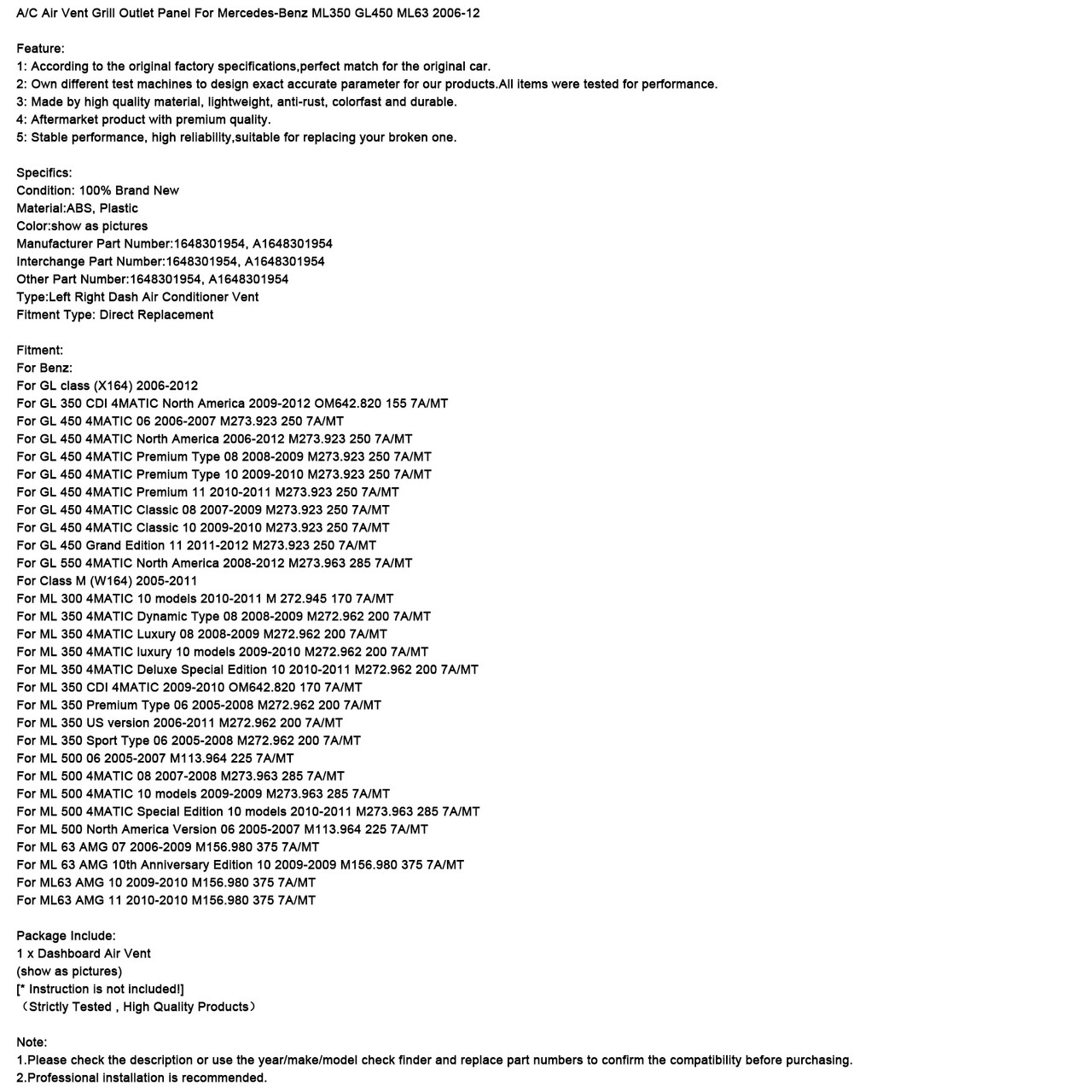 2005-2011 Mercedes-Benz M class (W164) A/C Air Vent Grill Outlet Panel A1648301954 Generic