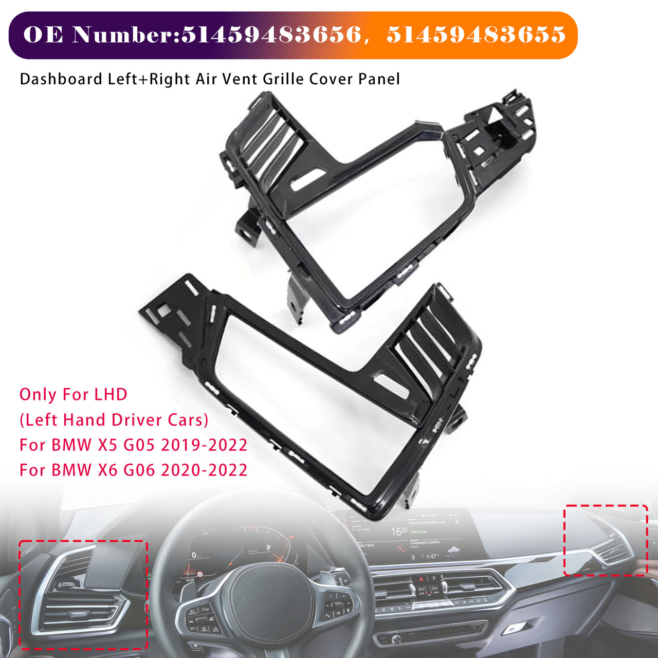 2019-2022 BMW X5 G05 X6 G06 Dashboard Left+Right Air Vent Grille Cover Panel 51459483656 51459483655 Generic
