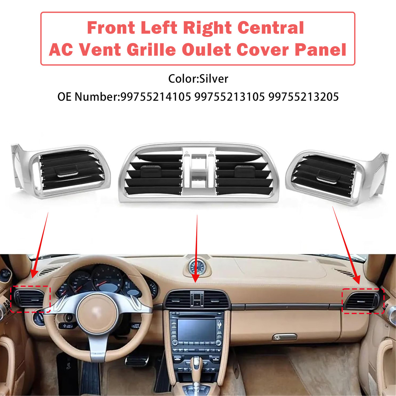 2004-2012 Porsche Carrea Targa GT2 GT3 997 Front Left+Right Central AC Vent Grille Oulet Cover Panel Silver Generic