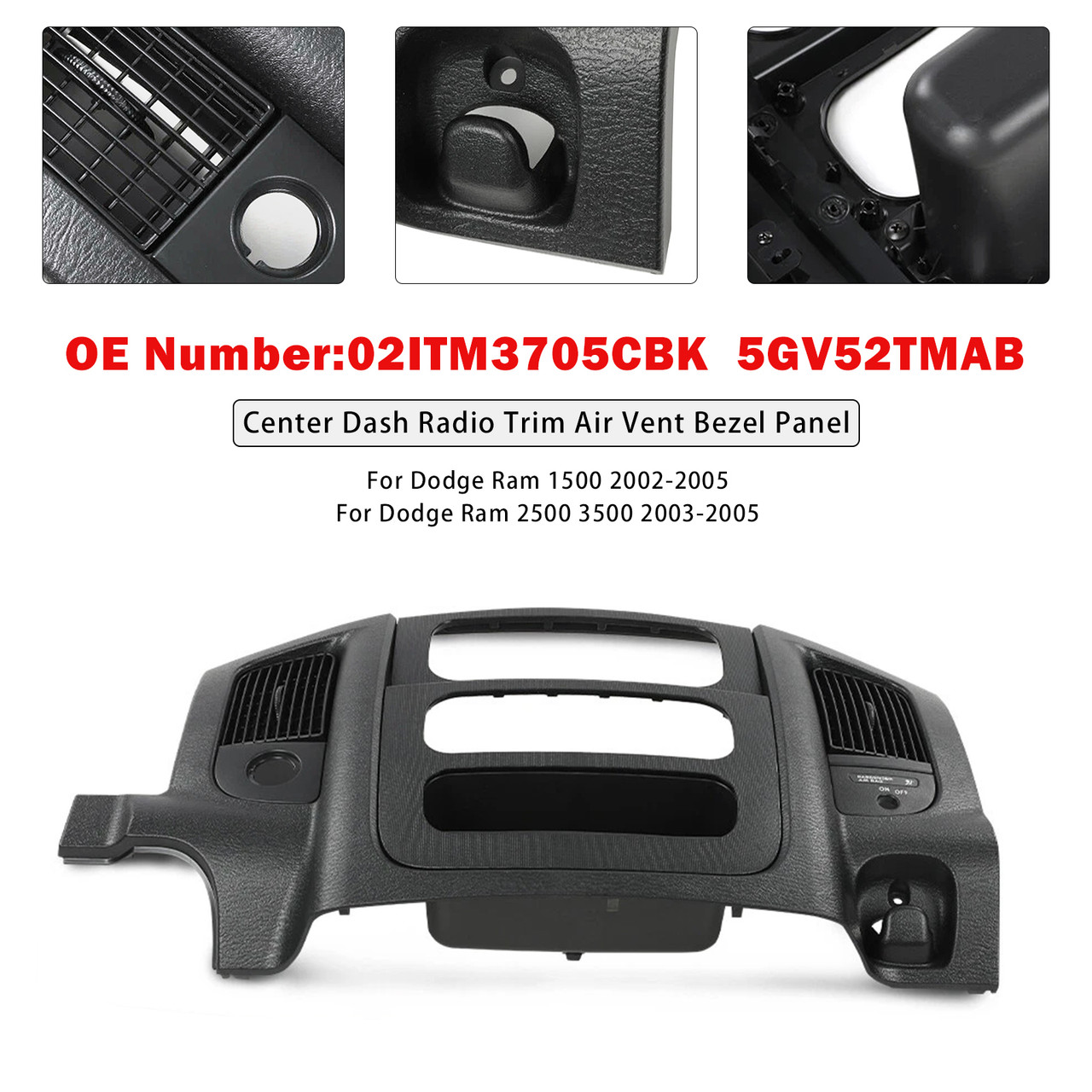 2002-2005 Dodge Ram 1500 2500 3500 Center Dash Radio Trim Air Vent Bezel Panel Black 02ITM3705CBK Generic