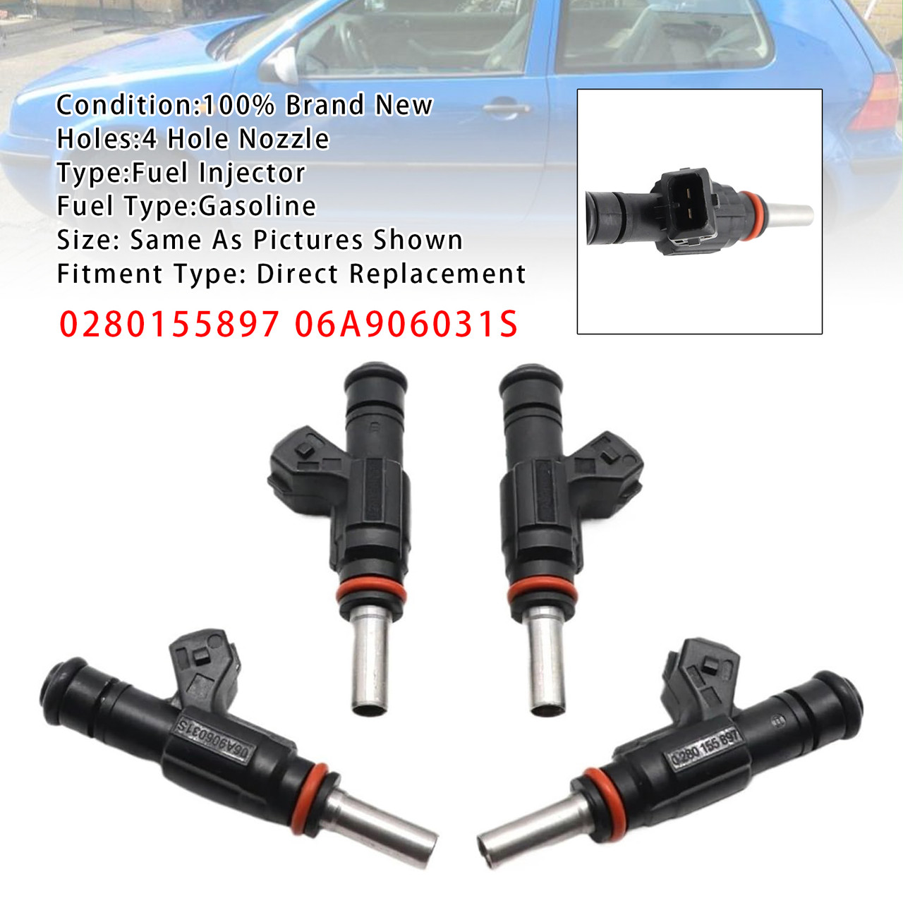 1998-2002 Audi TT 8N 3Roadster 8N9 1.8 4Pcs Fuel Injector 0280155897 06A906031S Generic
