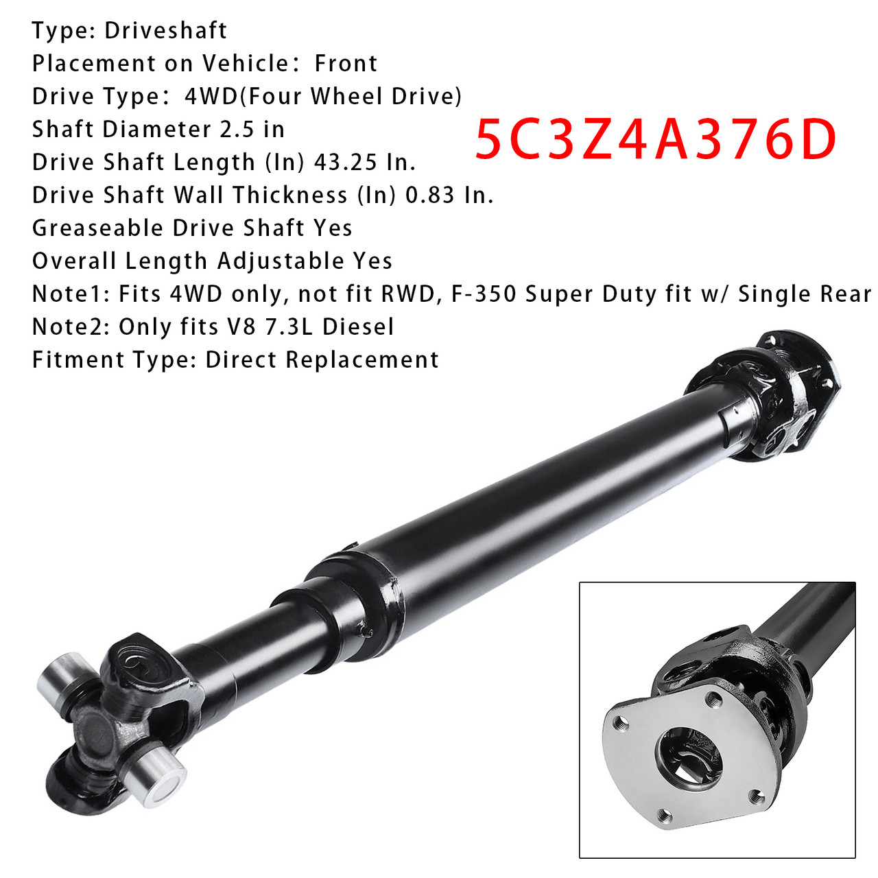2000-2003 Ford Excursion V8 7.3L Front Driveshaft Assembly 5C3Z4A376D Generic