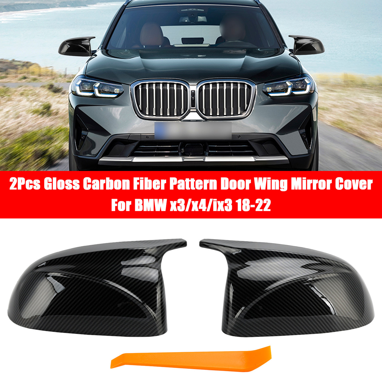 2018-2022 BMW x3/x4/ix3 2Pcs Gloss Carbon Fiber Pattern Door Wing Mirror Cover Generic