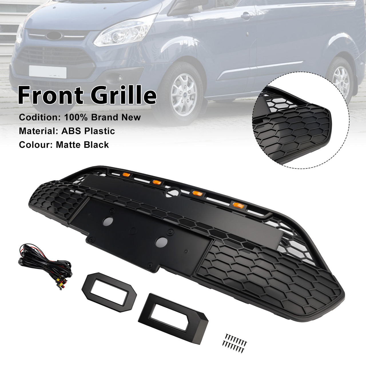 2013-2017 Ford Transit Custom Raptor Style Front Bumper Grille With Letters/ LED Matte Black Generic