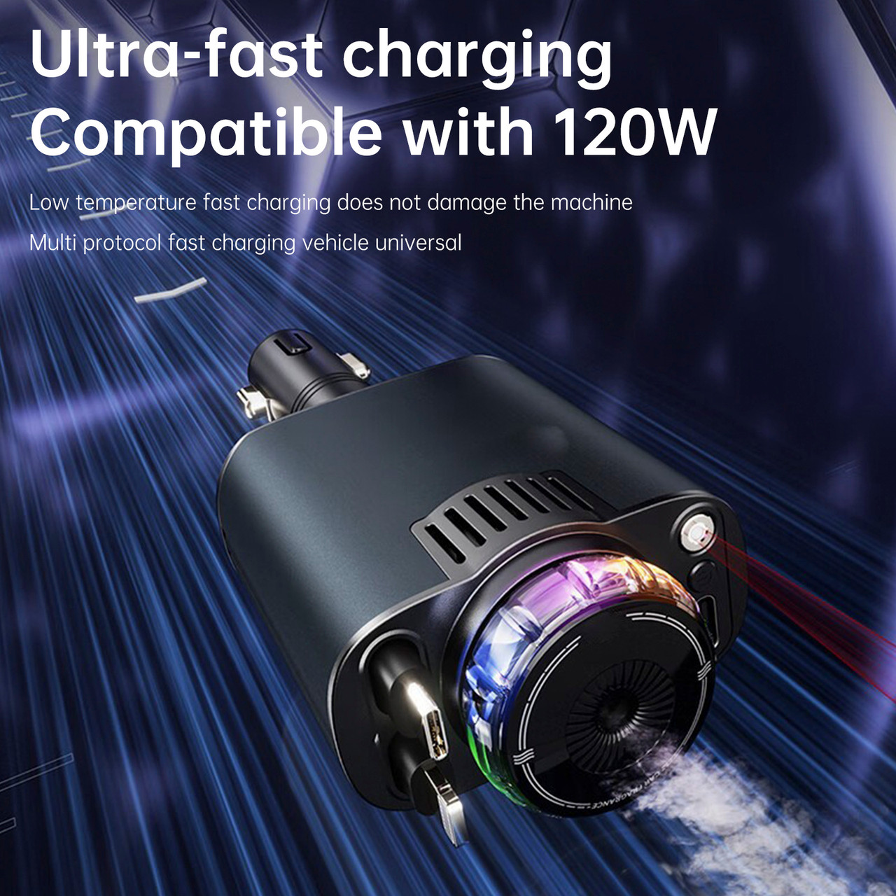 120W Super Fast Car Charger with Retractable Cable Ambient Light Smart Car Air Freshener Starry Sky Roof Car Charger