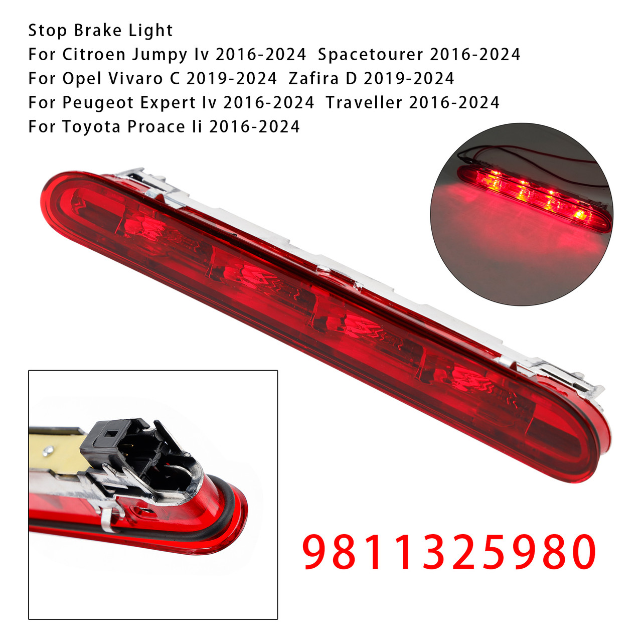 2016-2024 Toyota Proace Ii LED Rear Stop Brake Light 9811325980 Red Generic