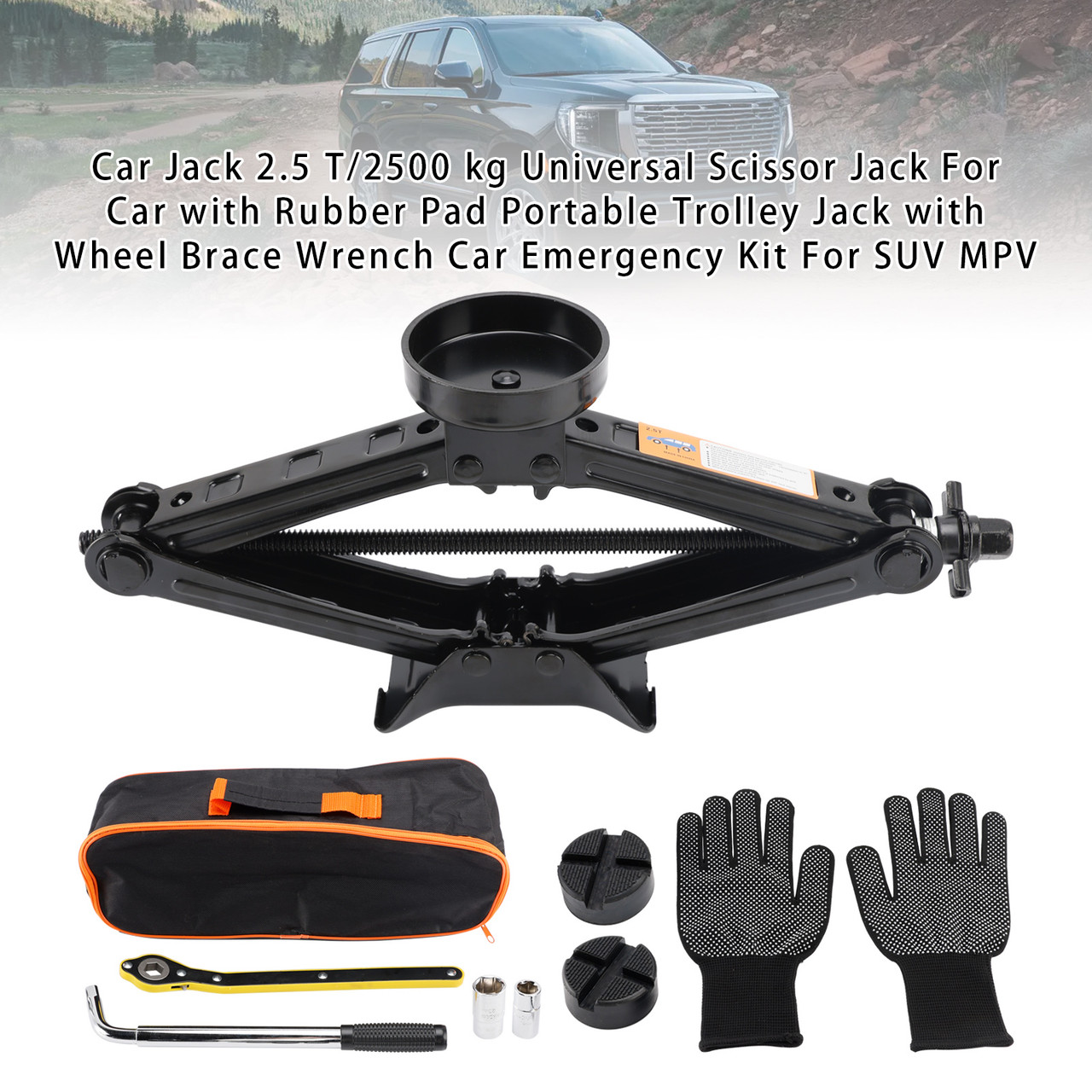 Car Jack 2.5 T/2500 kg Universal Scissor Jack For Car with Rubber Pad Portable Trolley Jack with Wheel Brace Wrench Car Emergency Kit For SUV MPV