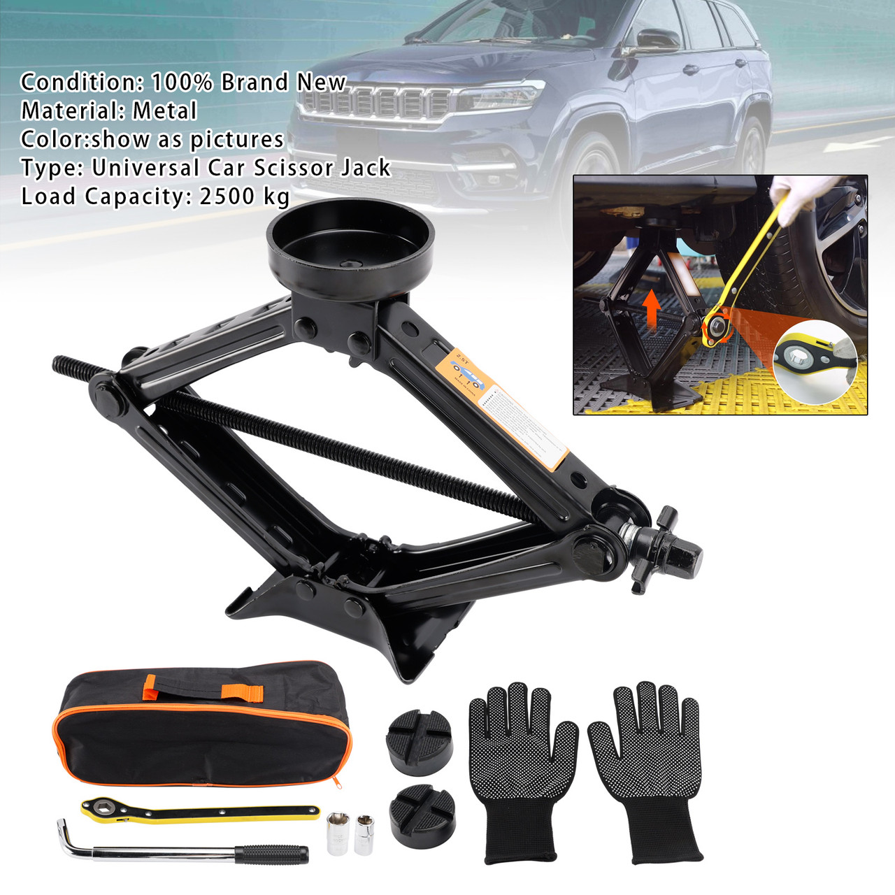 Car Jack 2.5 T/2500 kg Universal Scissor Jack For Car with Rubber Pad Portable Trolley Jack with Wheel Brace Wrench Car Emergency Kit For SUV MPV