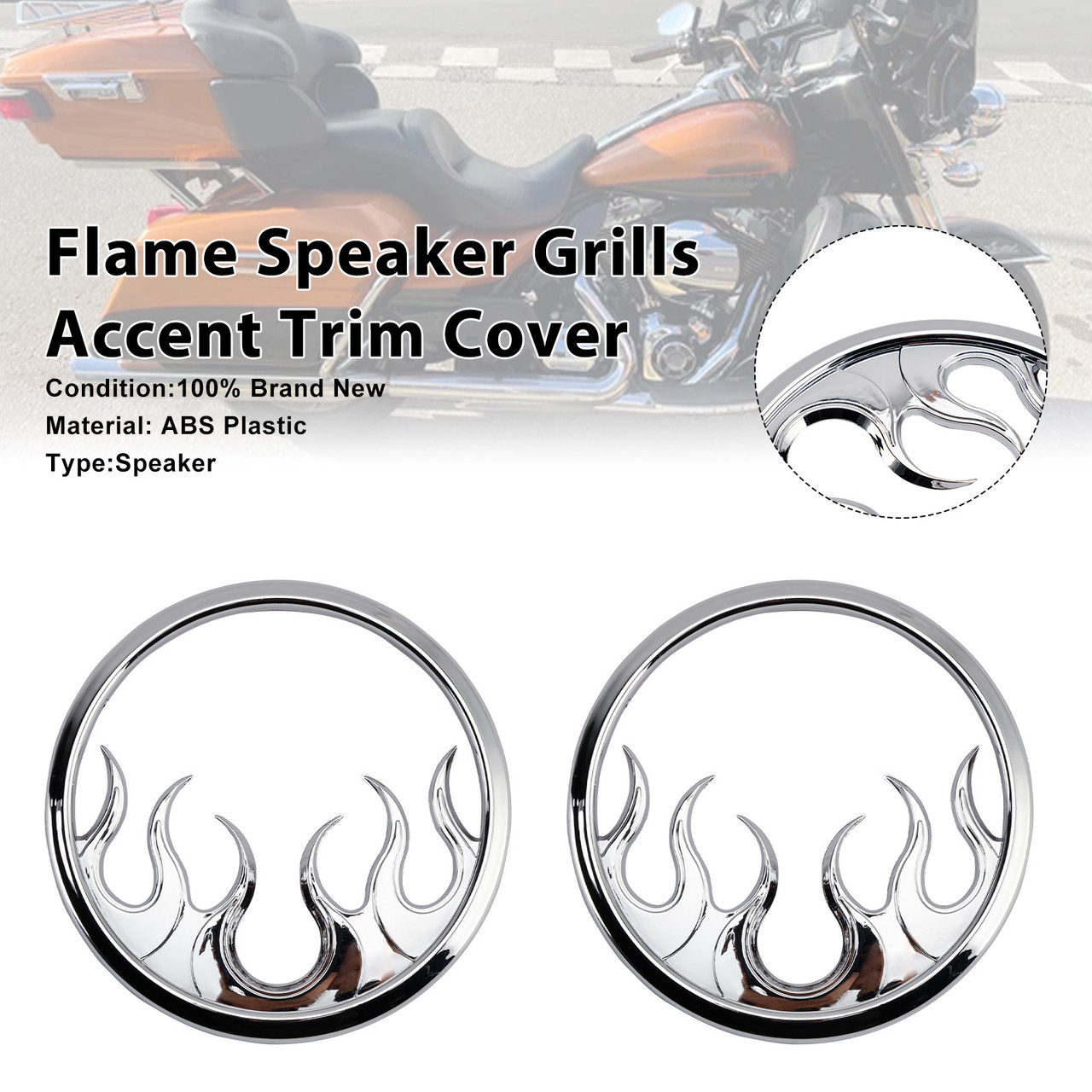 2014-2022 Harley Touring Street Flame Speaker Grills Accent Trim Cover Chrome Generic