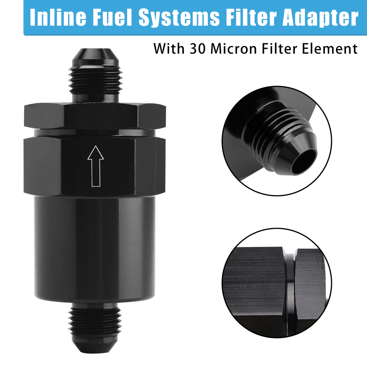 AN6 Black Inline Fuel Systems Filter Adapter With 30 Micron Filter Element