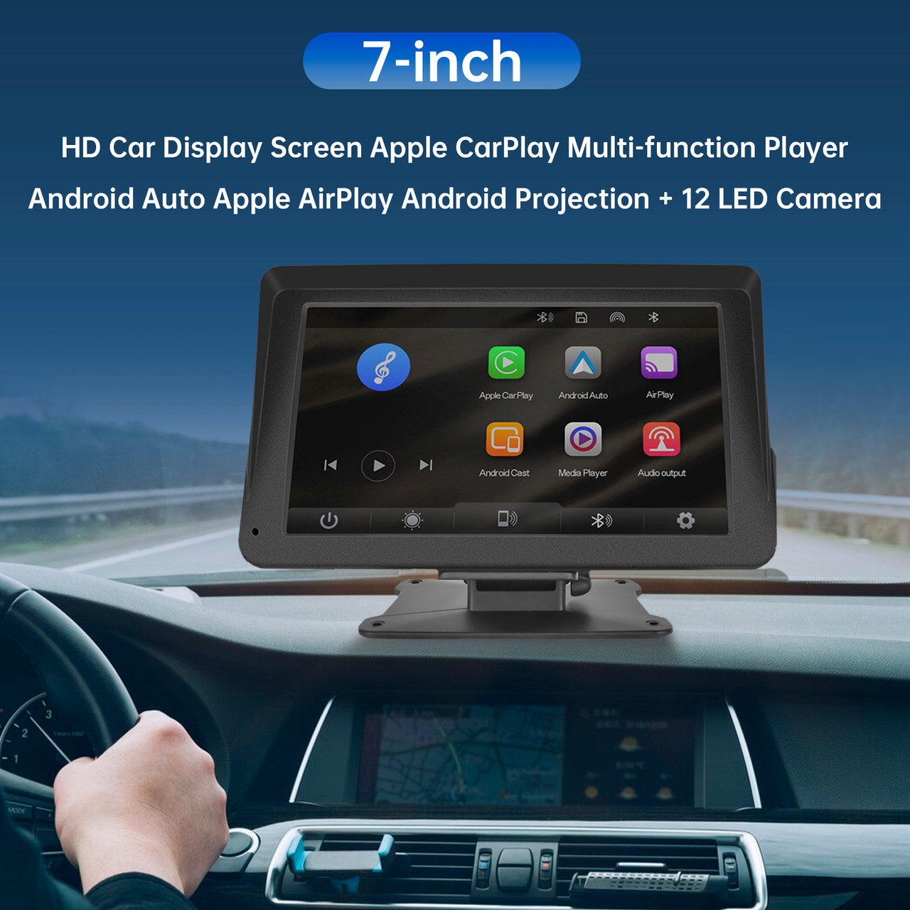 7-inch Car Display Screen Apple CarPlay Android Auto Apple AirPlay 12 LED Camera