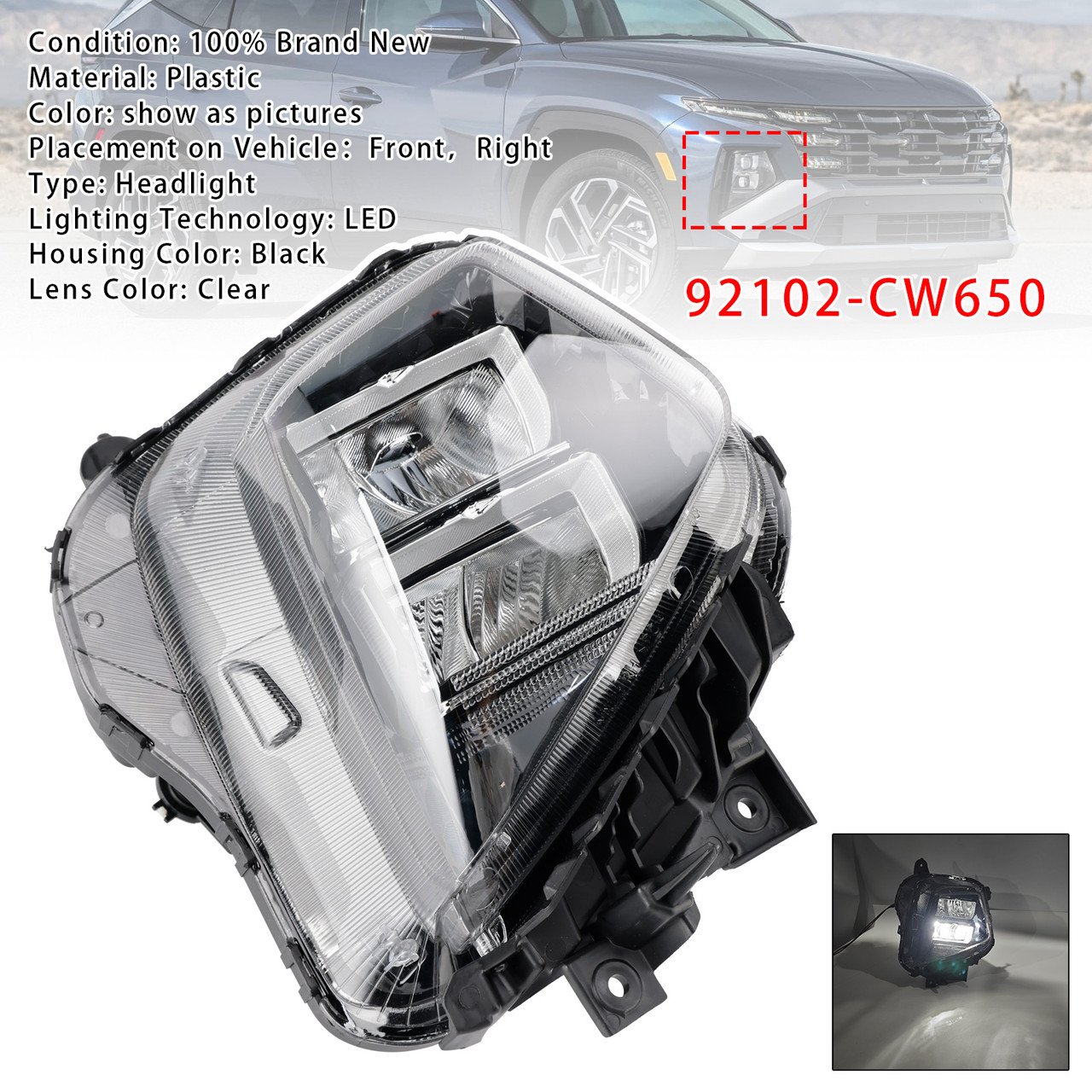 2025-2026 Hyundai Tucson Front Right Side Headlight Assembly 92102-CW650 Generic