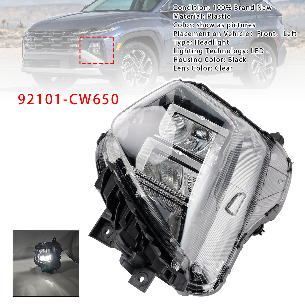 2025-2026 Hyundai Tucson Front Left Side Headlight Assembly 92101-CW650 Generic