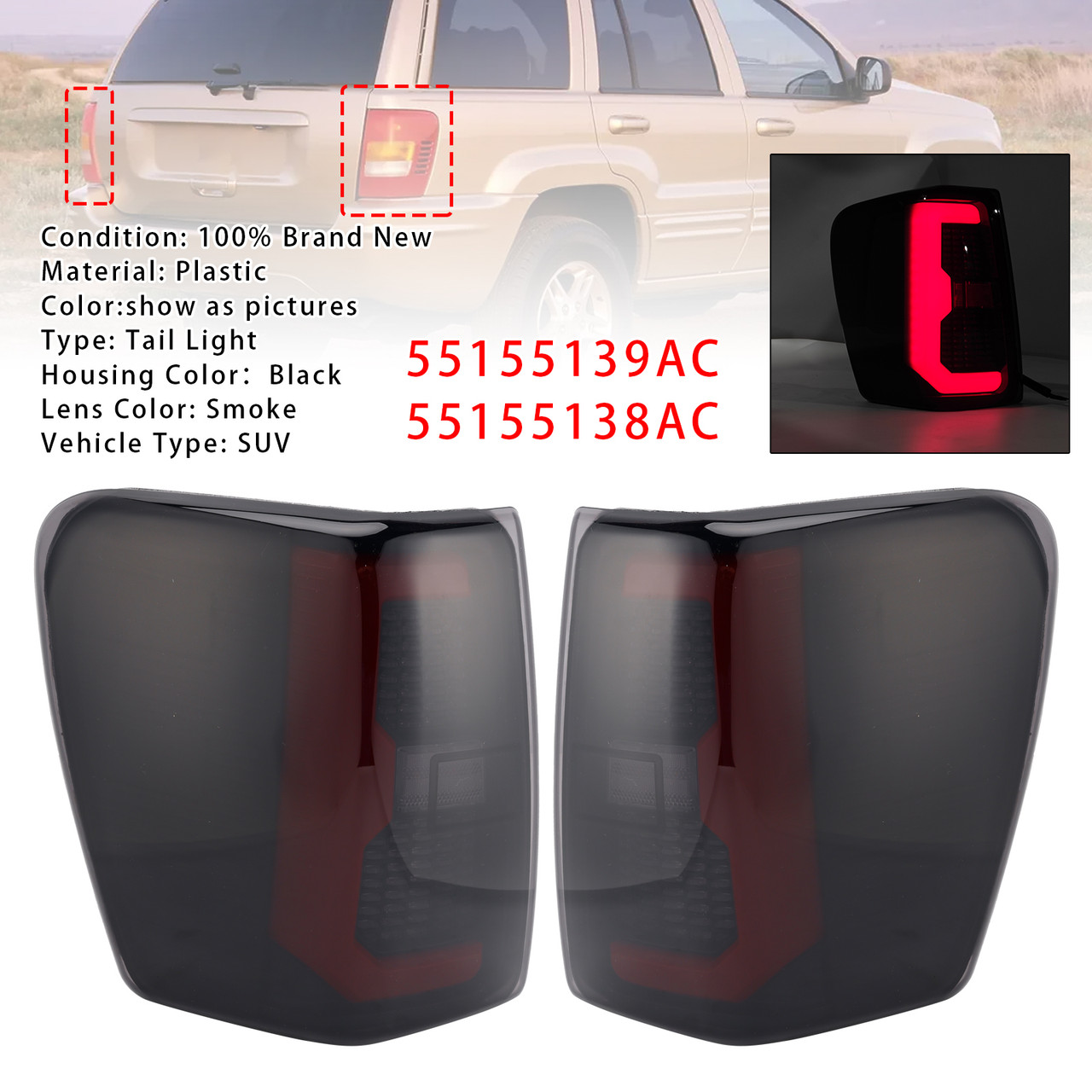 1999-2004 Jeep Grand Cherokee 2PCS Smoke Black Brake Tail Lights Tailight 55155139AC Generic