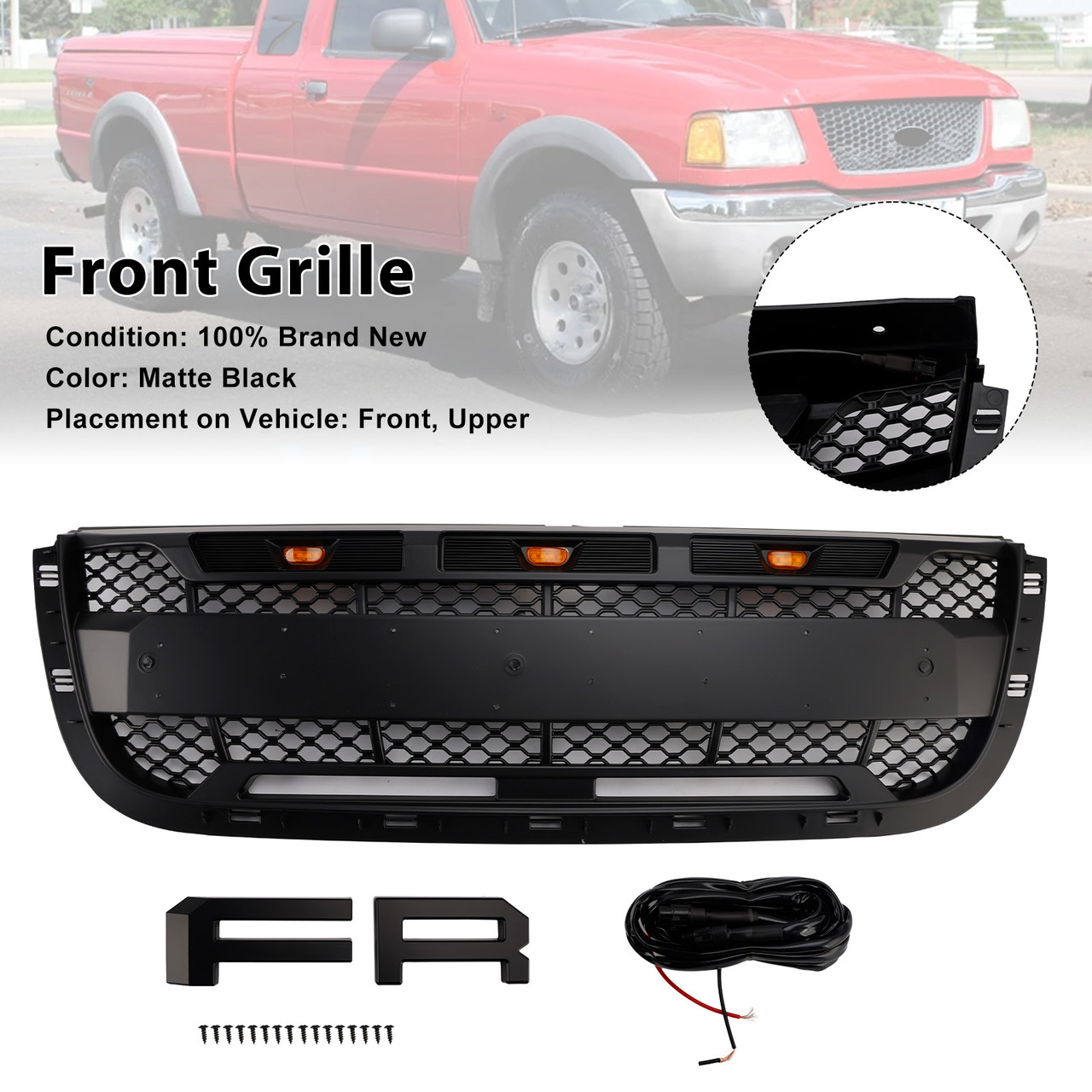 2001-2003 Ford Ranger With Led Light Front Bumper Grille Matte Black Generic
