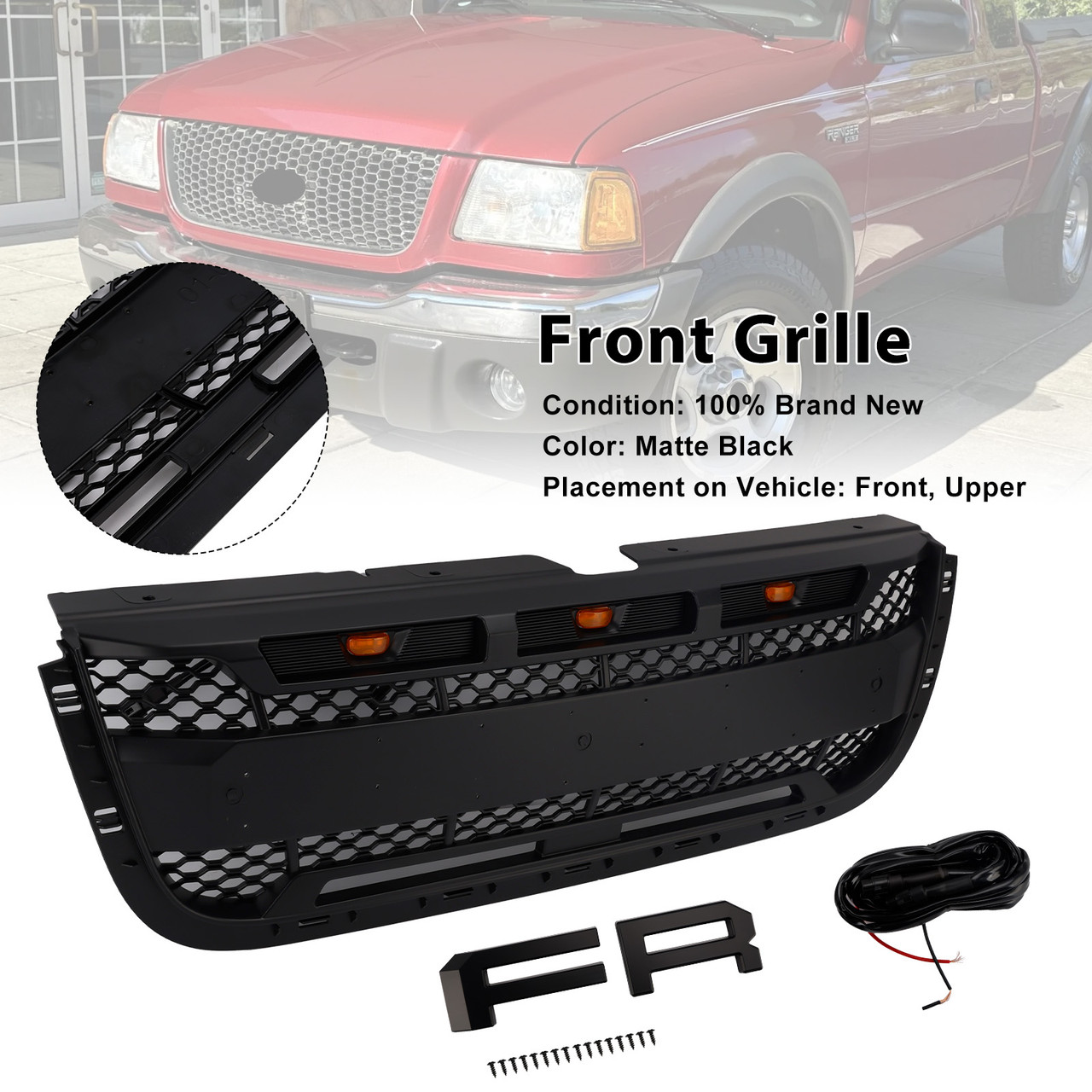 2001-2003 Ford Ranger With Led Light Front Bumper Grille Matte Black Generic
