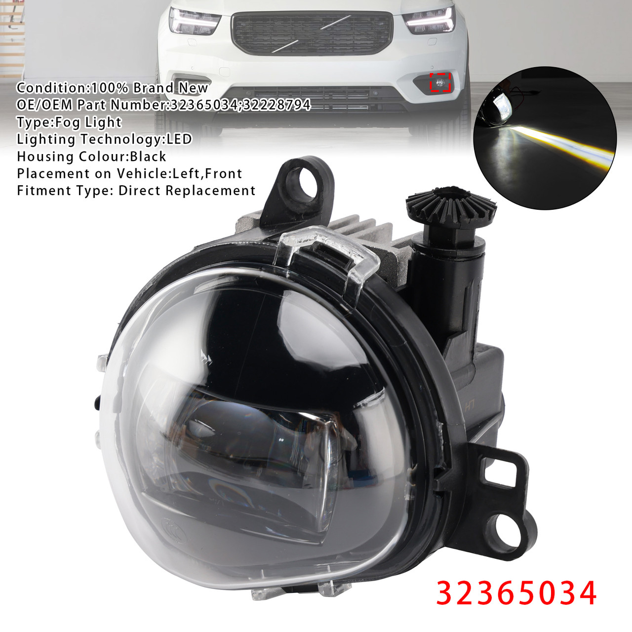 2017-2024 VOLVO XC40 C40 S90 V90 Left Front Fog Light Lamp 32365034 Generic