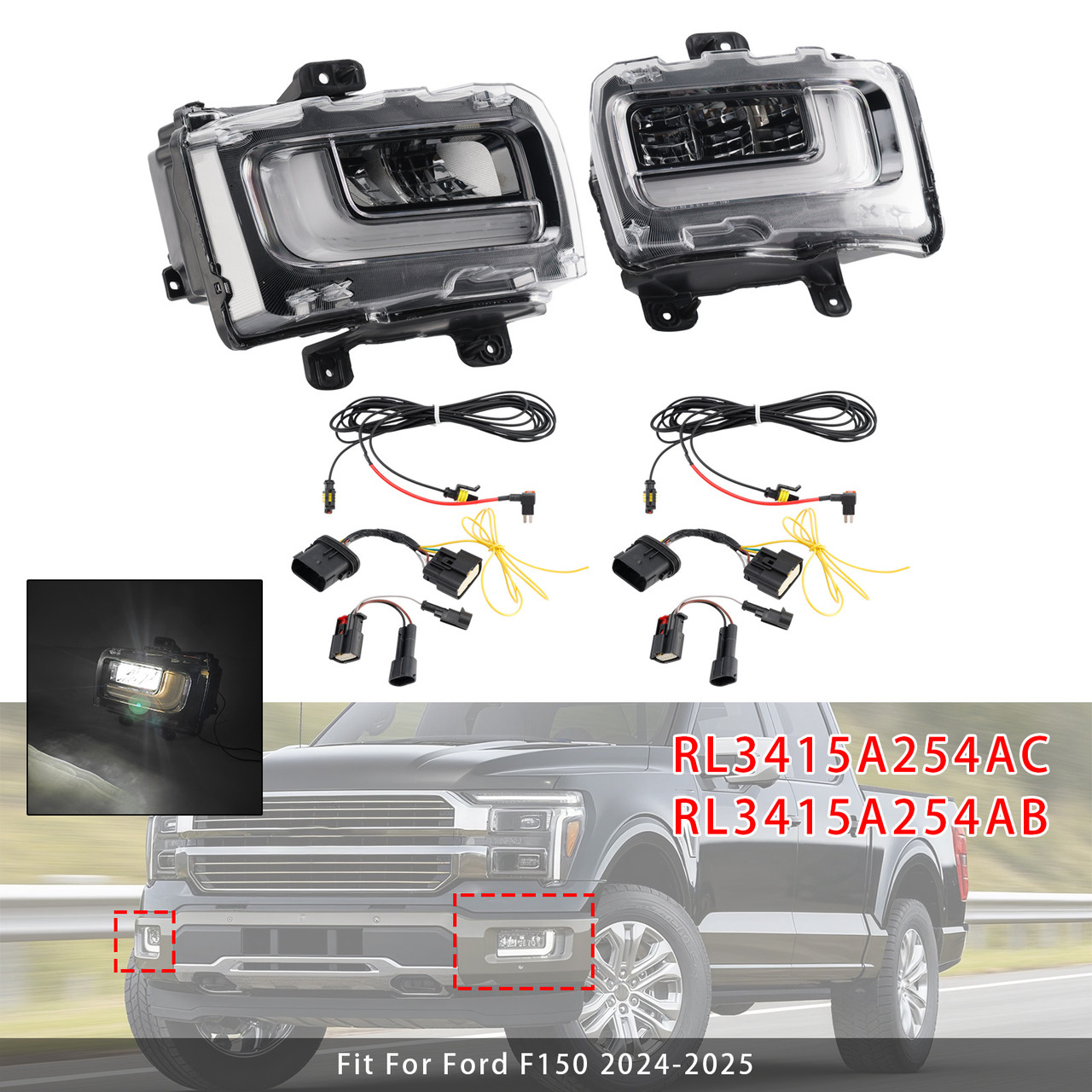 2024-2025 Ford F150 Pair LED Front Fog Light Lamp RL3415A254AB