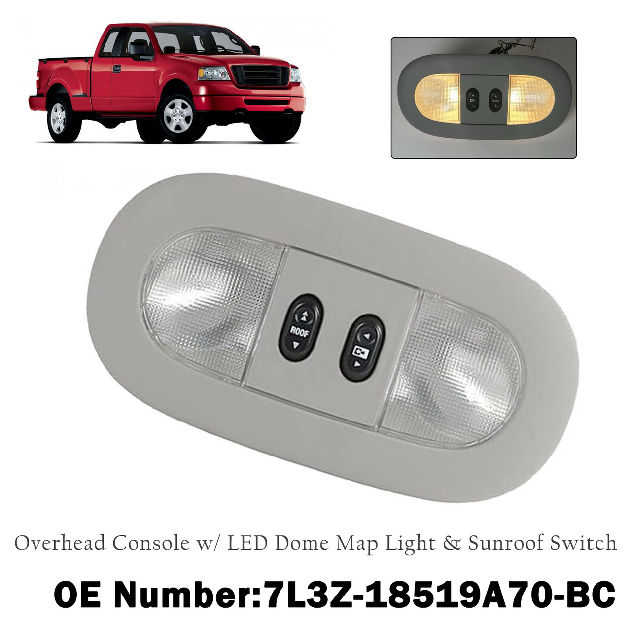 2004-2008 Ford F-150 Overhead Console w/ LED Dome Map Light & Sunroof Switch 7L3Z-18519A70-BA Gray Generic