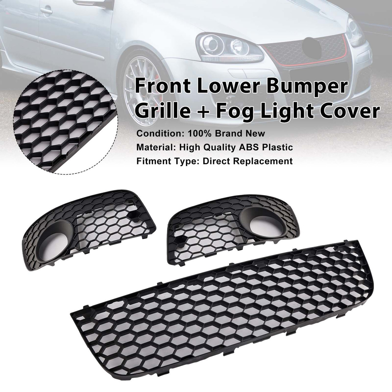 2006-2009 VW GOLF MK5 GTI 3PCS Front Lower Bumper Grille+Fog Light Cover Generic