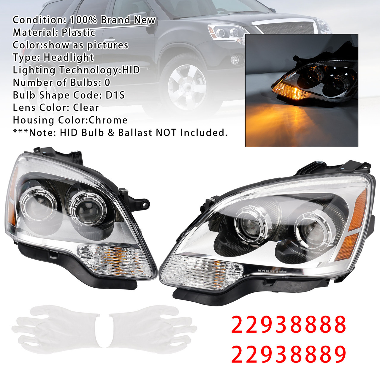 2007-2012 GMC Acadia Left+Right HID Headlight 22938888 22938889 Generic
