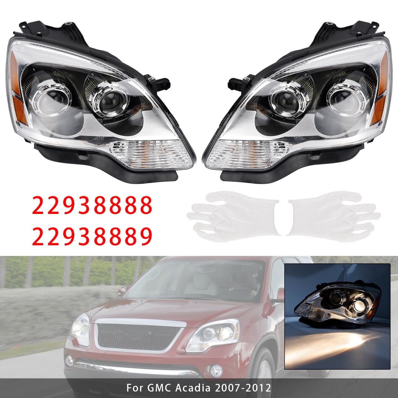 2007-2012 GMC Acadia Left+Right HID Headlight 22938888 22938889 Generic