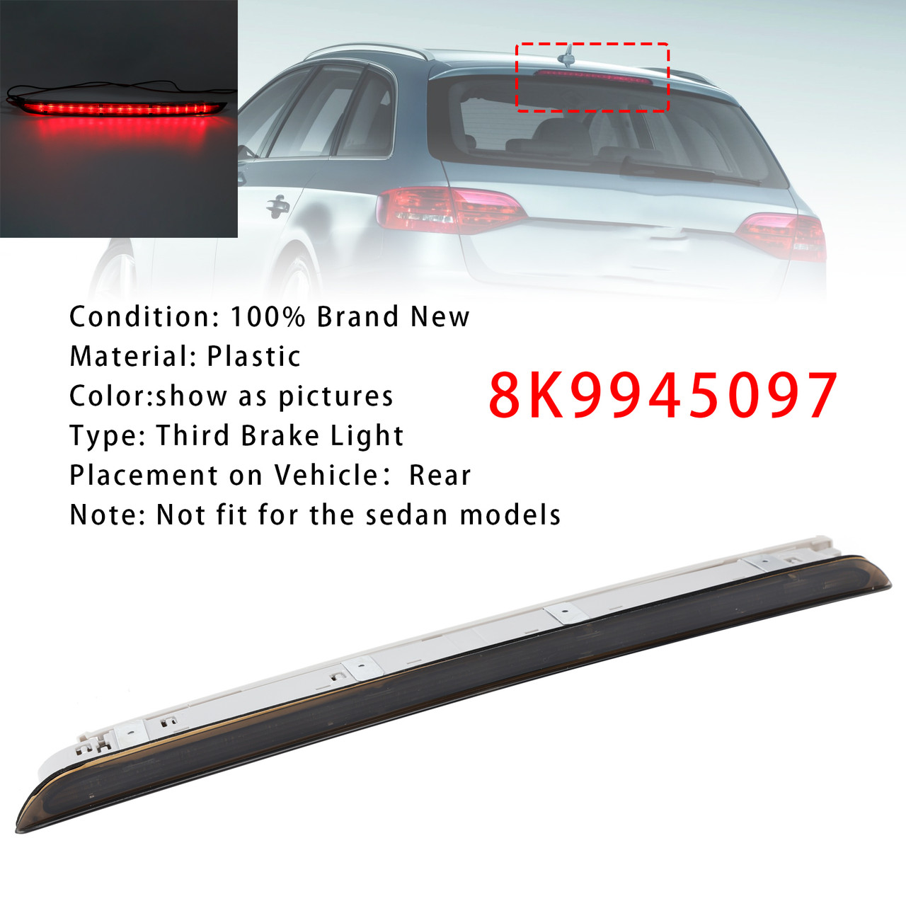 2008-2015 Audi A4 Avant B8 (8K5) Rear Brake Light Auxiliary Third Stop Lamp Light 8K9945097 Black Generic