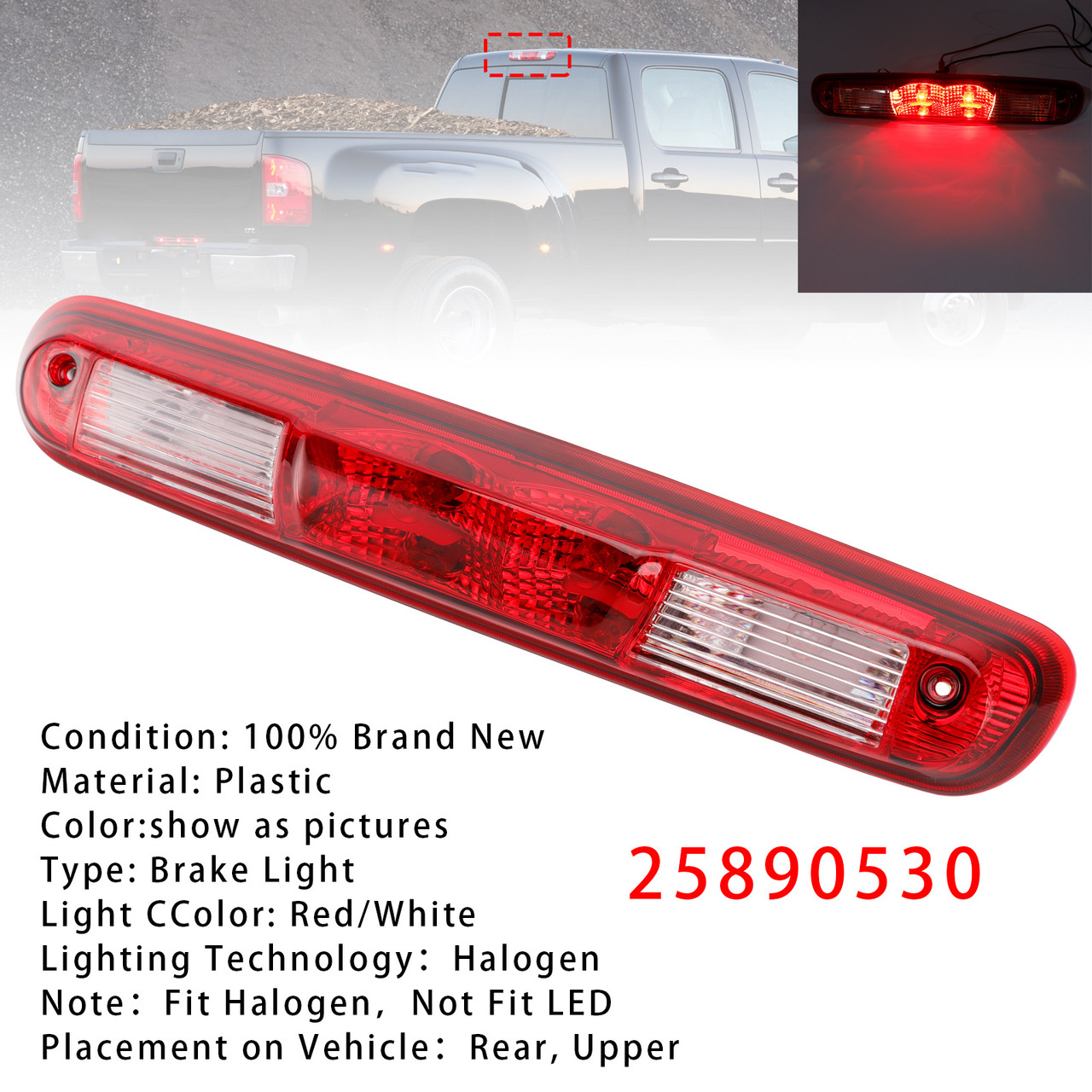 2007-2013 GMC Sierra 1500 2500 3500 Halogen Third Brake Light 25890530 Generic