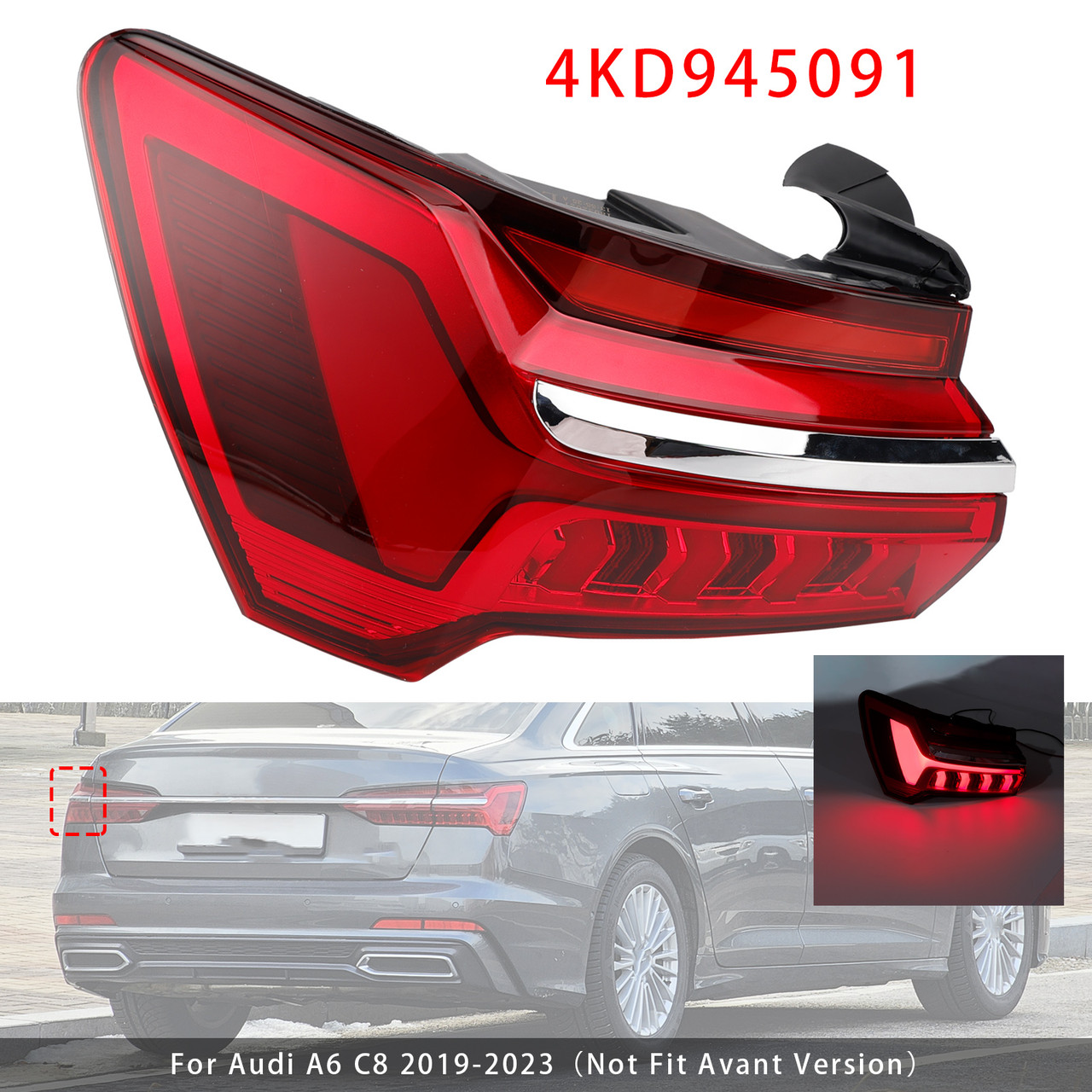 2019-2023 Audi A6 C8 Left LED Outer Tail Light Assembly 4KD945091 Generic