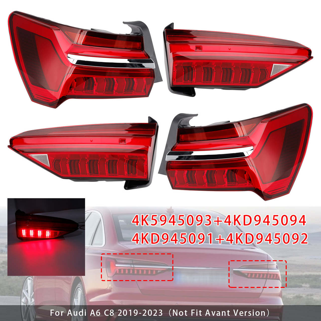 2019-2023 Audi A6 C8 4PCS Left Right Outer Inner LED Tail Light Assembly 4KD945093 4K5945093 Generic