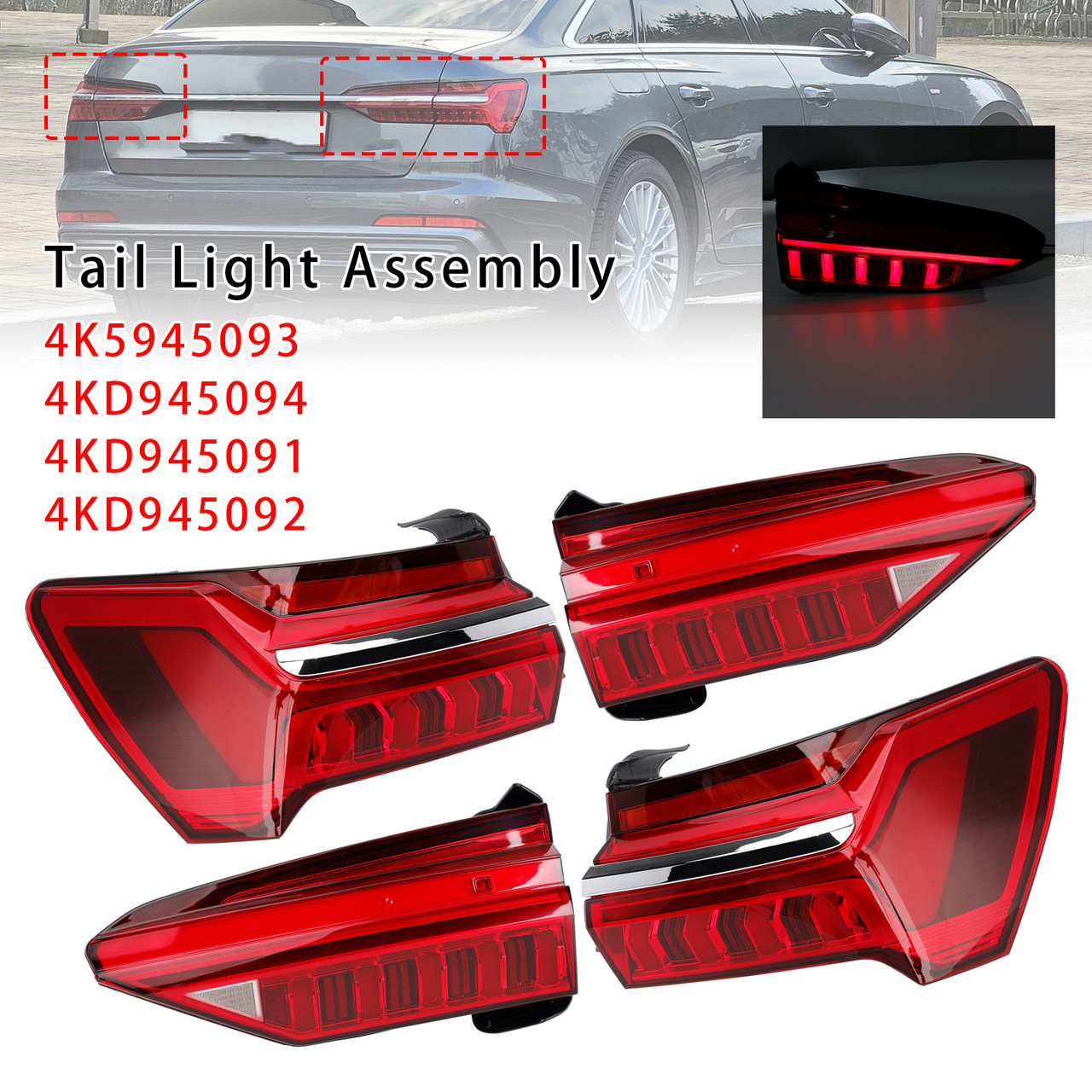 2019-2023 Audi A6 C8 4PCS Left Right Outer Inner LED Tail Light Assembly 4KD945093 4K5945093 Generic