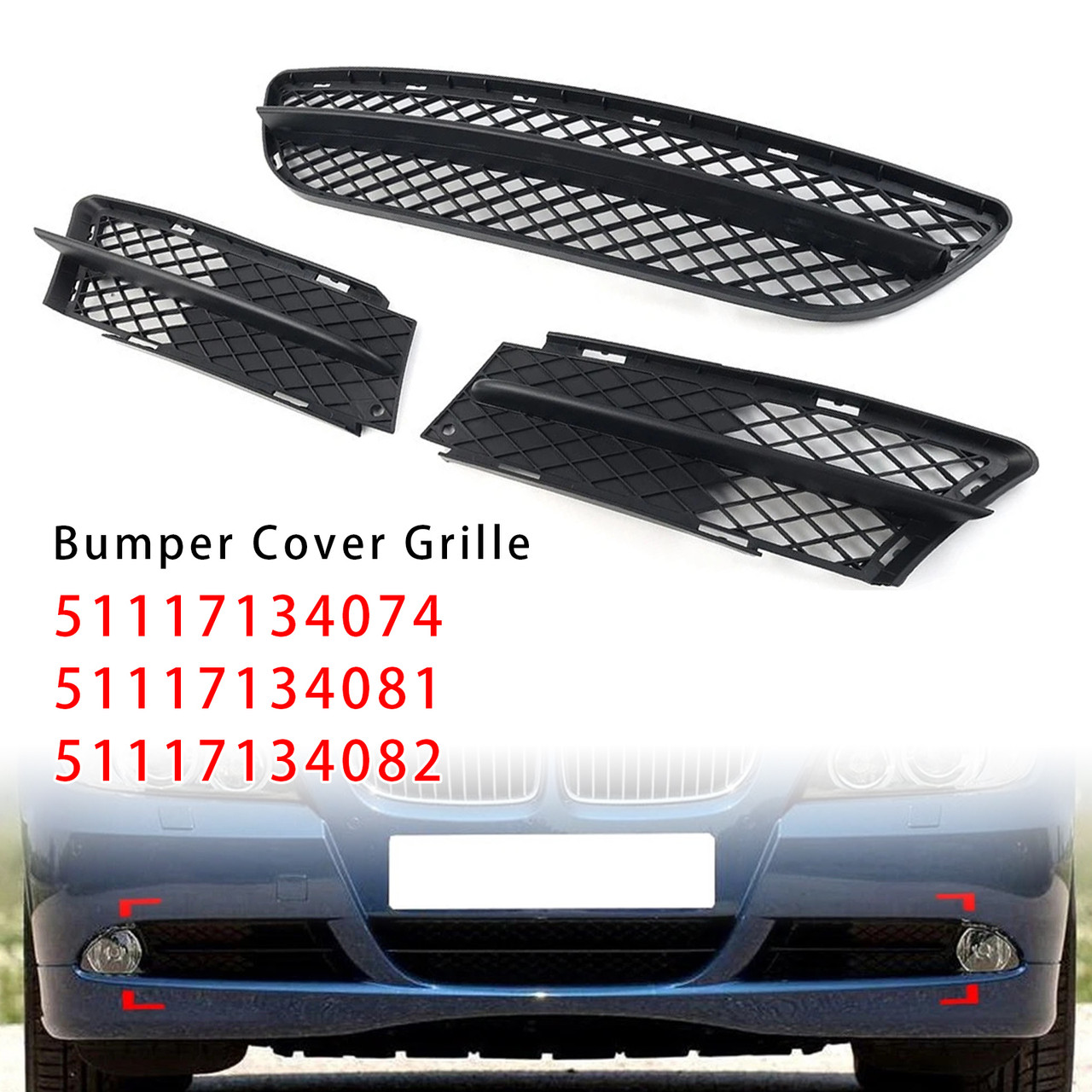2006-2008 BMW 3 Series E90 E91 Front Bumper Lower Grille Set 51117134074 Generic