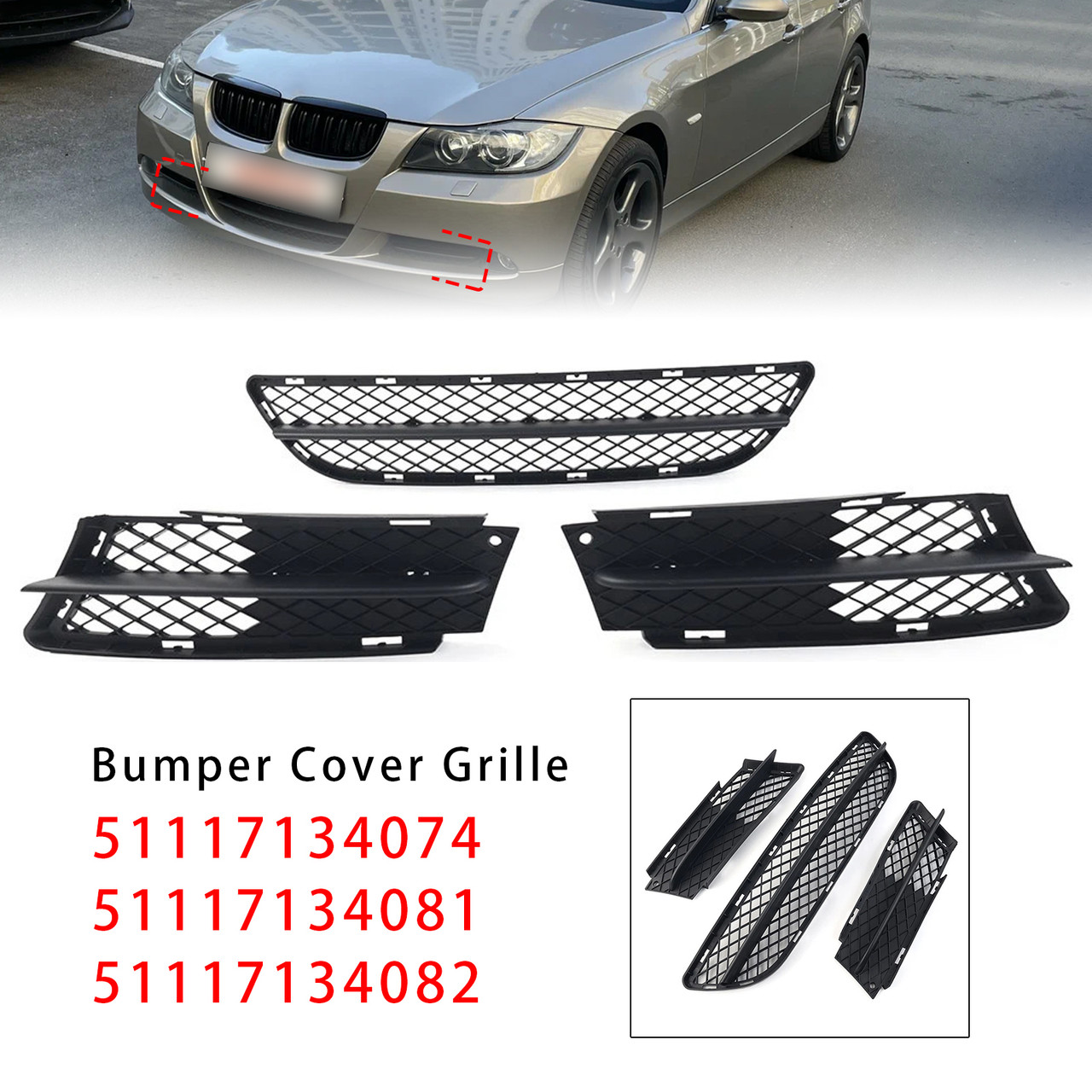 2006-2008 BMW 3 Series E90 E91 Front Bumper Lower Grille Set 51117134074 Generic