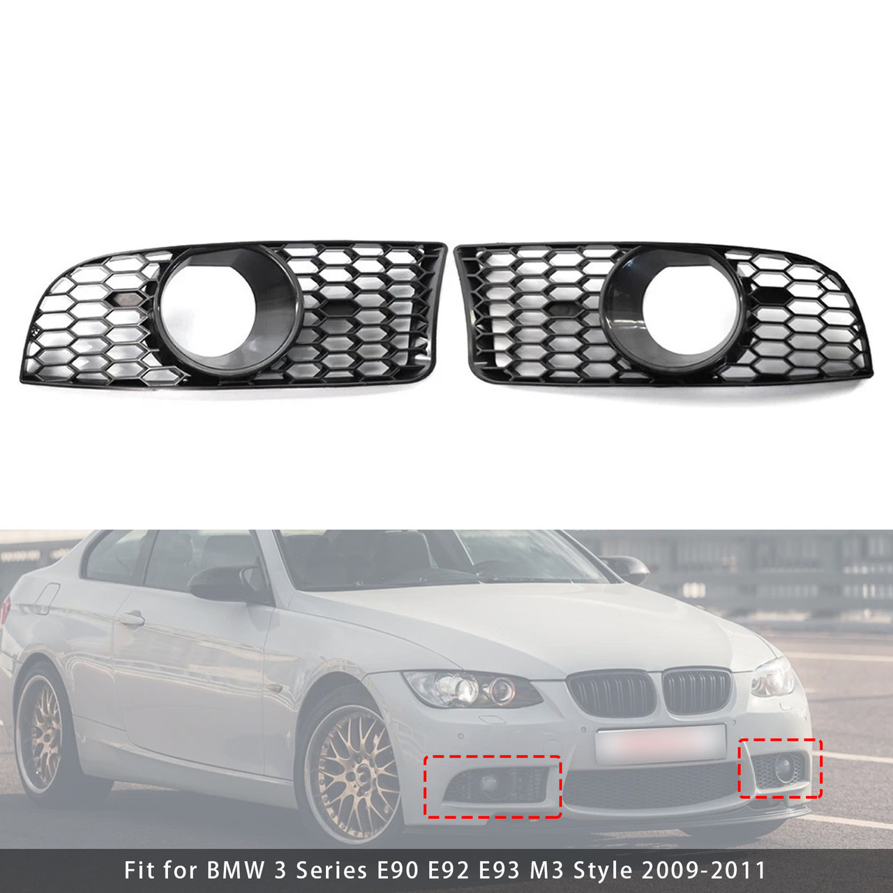 Front Bumper Fog Light Grille For BMW 3 Series E90 E92 E93 M3 Style 2009-2011