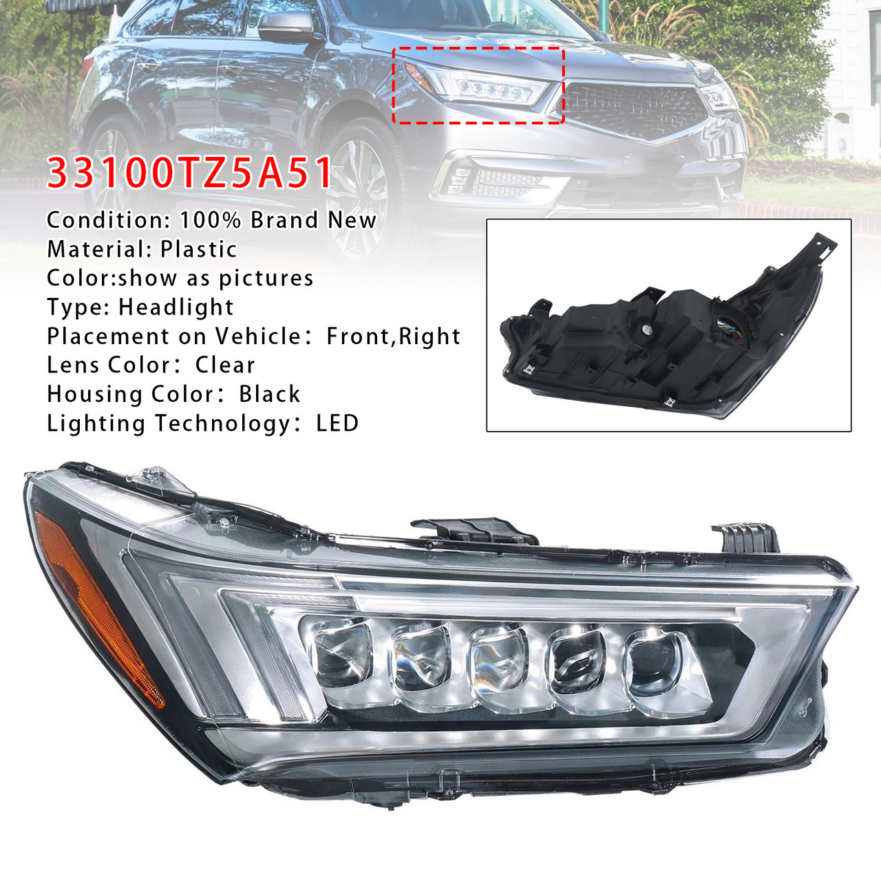2017-2020 MDX Base Front Right LED Headlight 33100TZ5A51 Generic