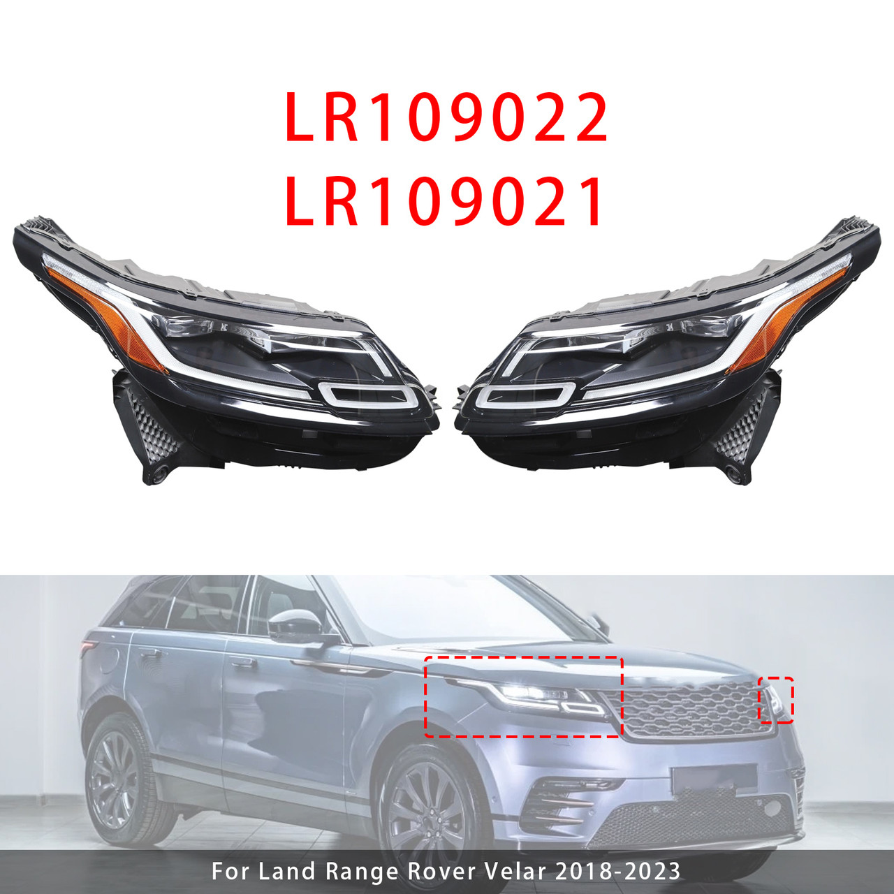 2018-2023 Land Range Rover Velar Front Left+Right LED Headlight LR109022 LR109021 Generic