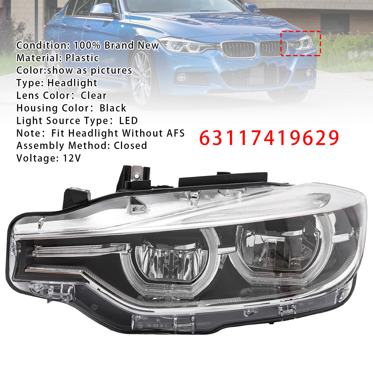 2016-2019 BMW 3 Series F30 320i 330i 340i Left LED Headlight 63117419629 Generic