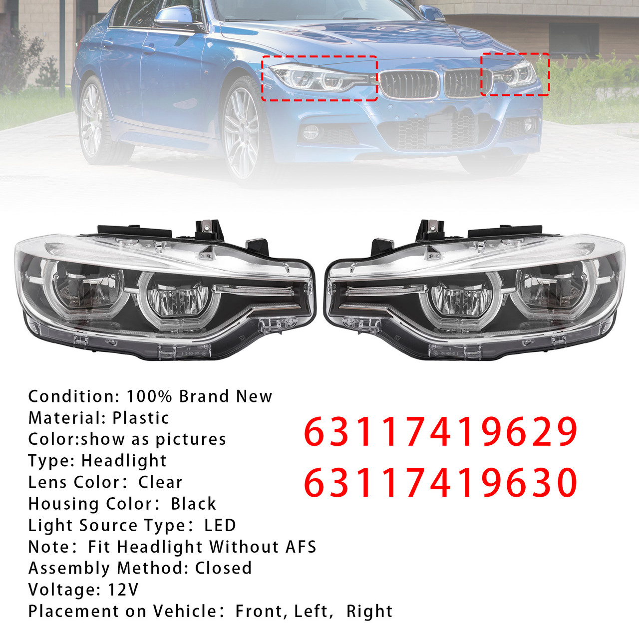 2016-2019 BMW 3 Series F30 320i 330i 340i Left+Right LED Headlight 63117419629 63117419630 Generic