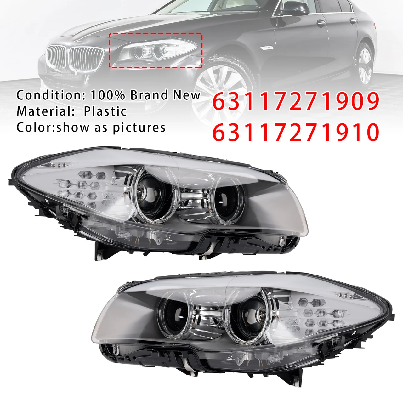 2010-2013 BMW 5 Series F10 F11 Xenon LED DRL Left+Right Headlight 63117271909 63117271910 Generic